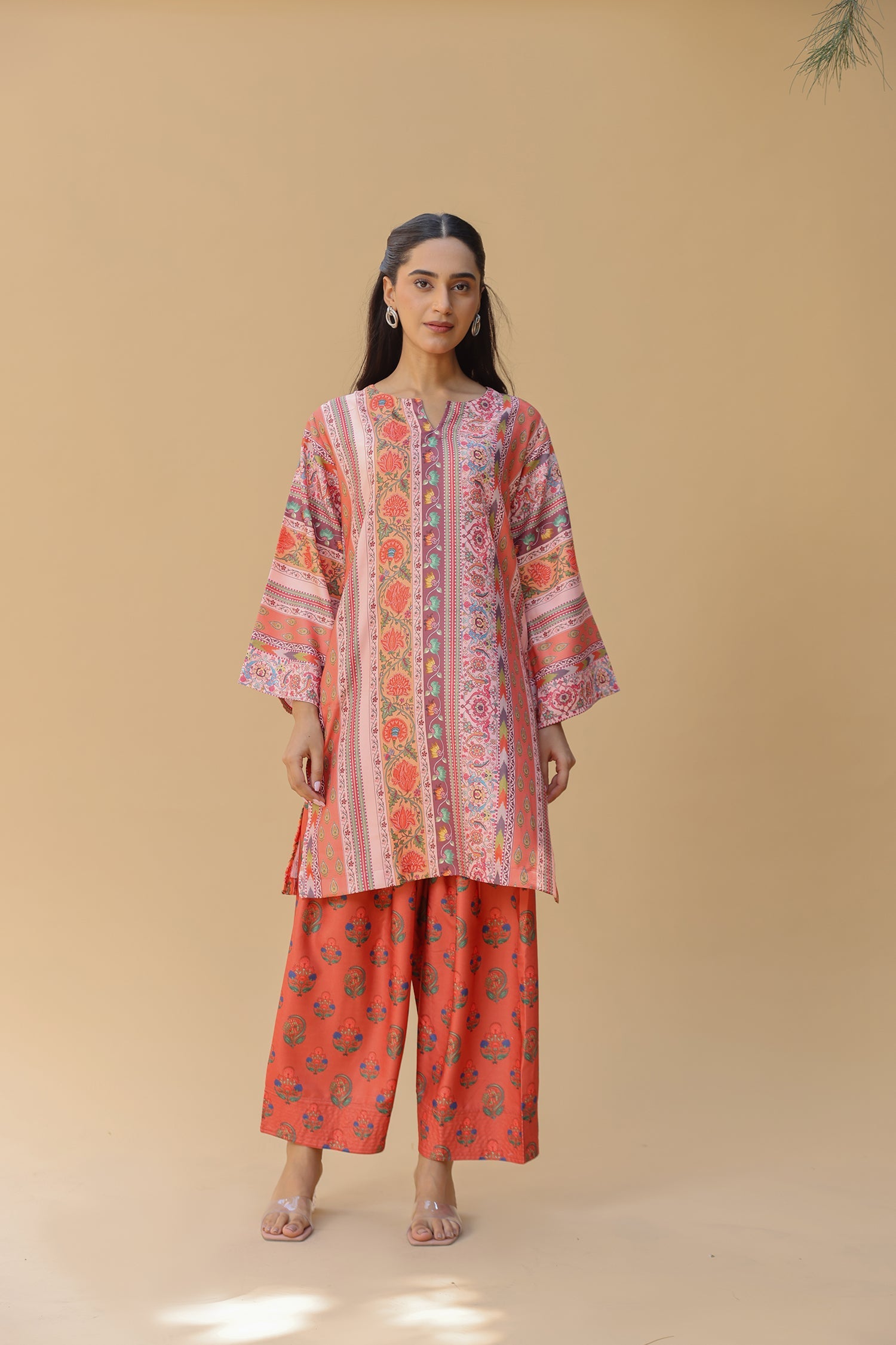 Pashmina Printkari Coord Set with Farsi Bottoms – Rust Orange