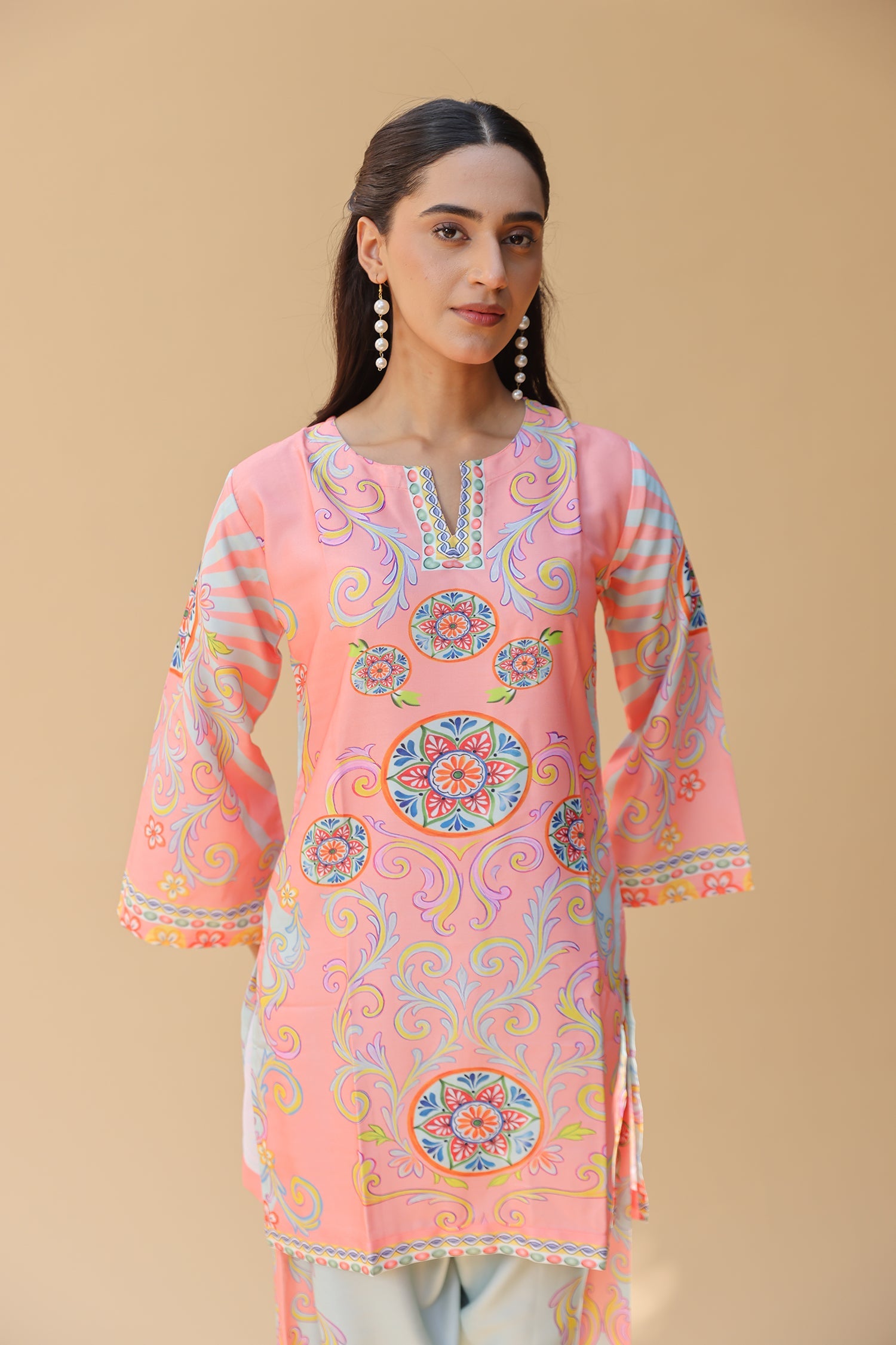 Pashmina Printkari Coord Set with Straight Bottoms – Peach & Aqua