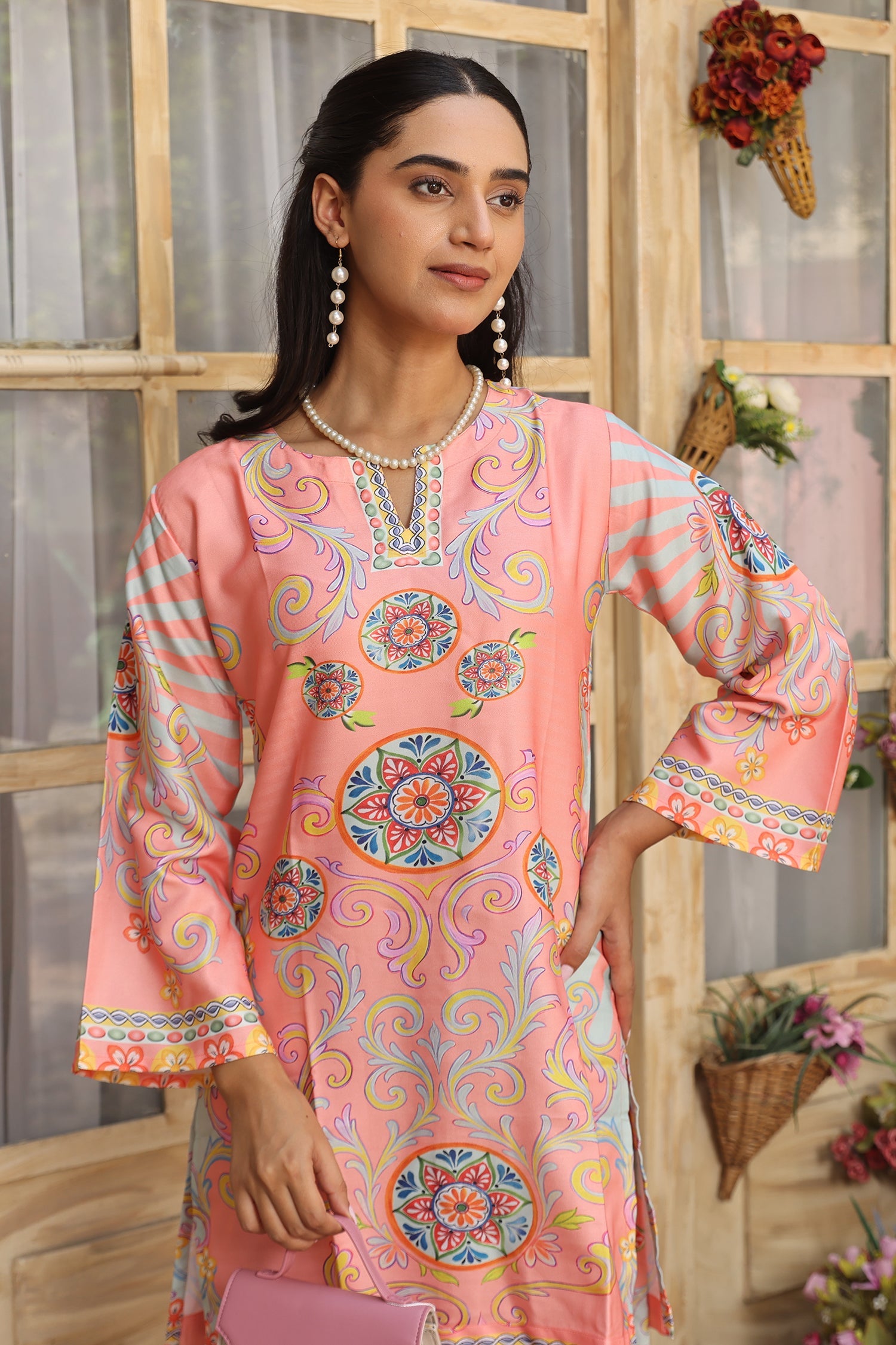 Pashmina Printkari Coord Set with Straight Bottoms – Peach & Aqua