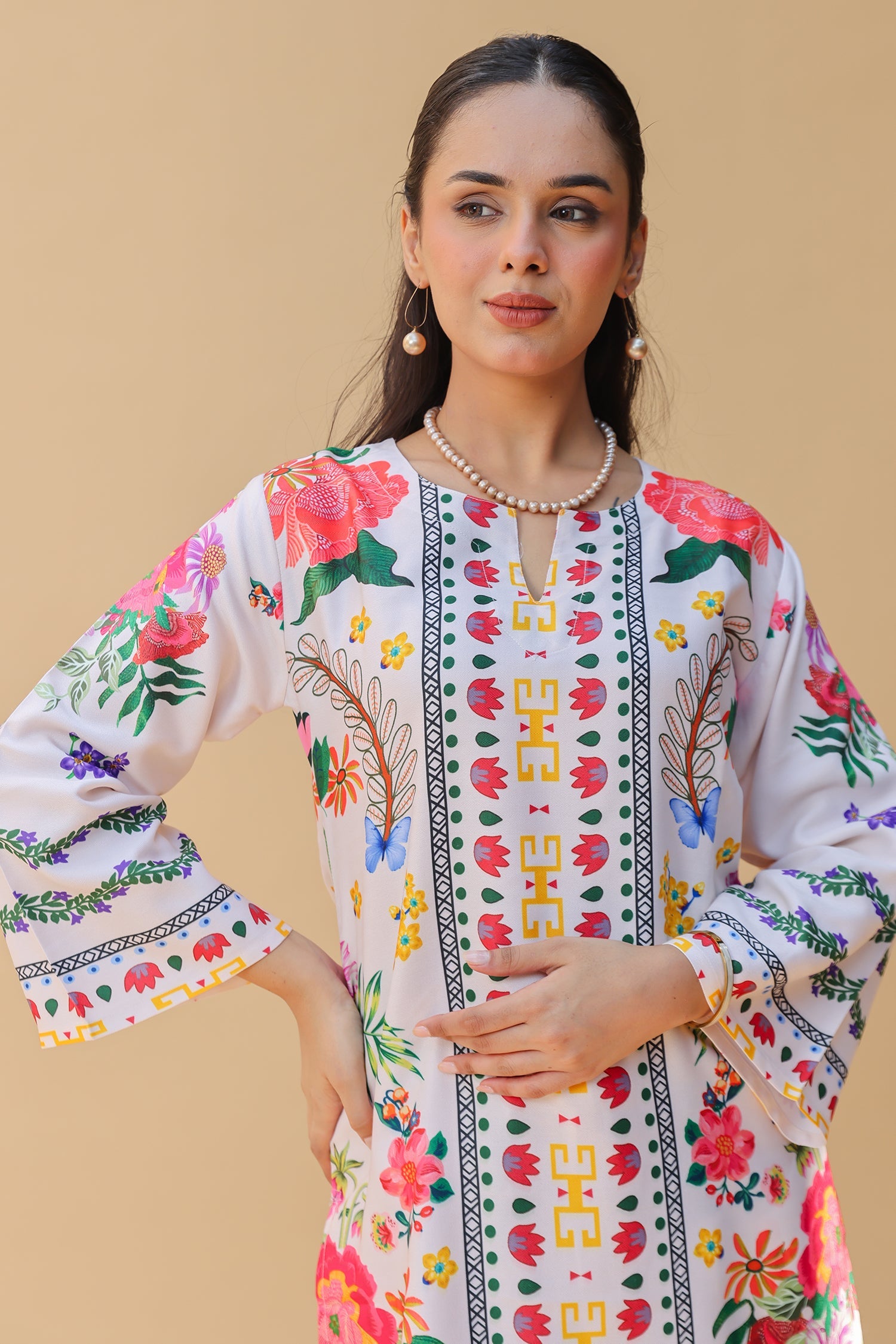 Pashmina Printkari Coord Set with Farsi Bottoms – Ivory Multi-Colour