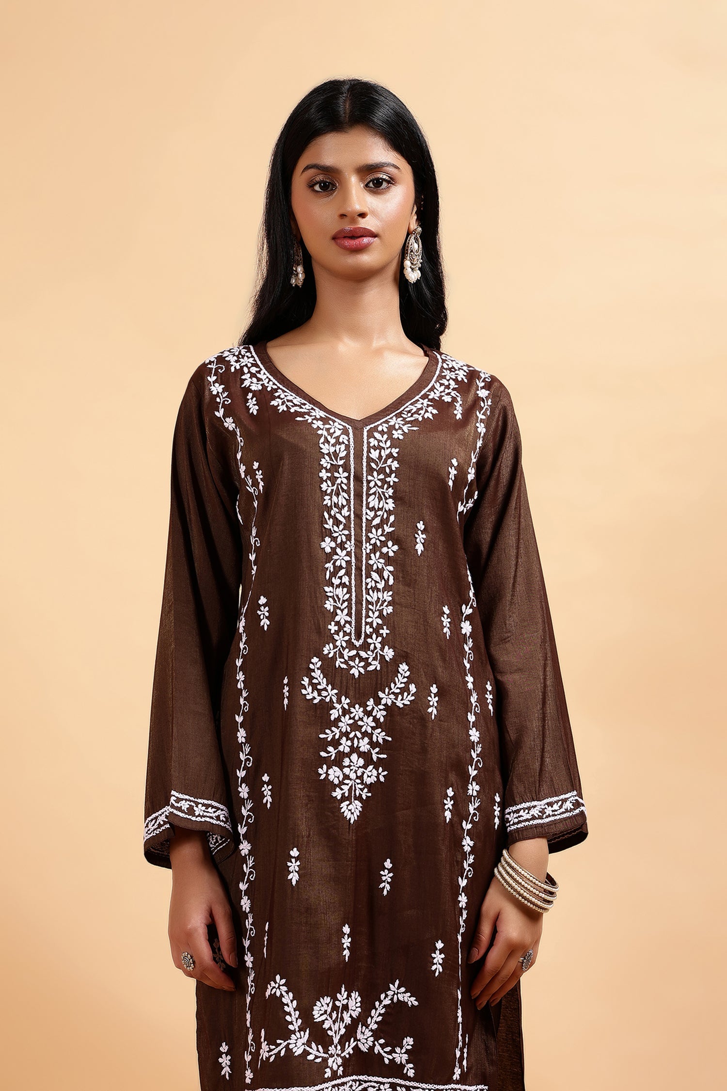 Chikankari Kurta Set in Viscose – Brown