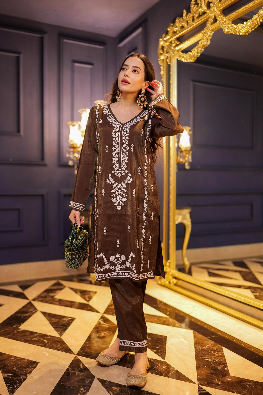 Komal X HOK Chikankari Kurta Set in Viscose – Brown