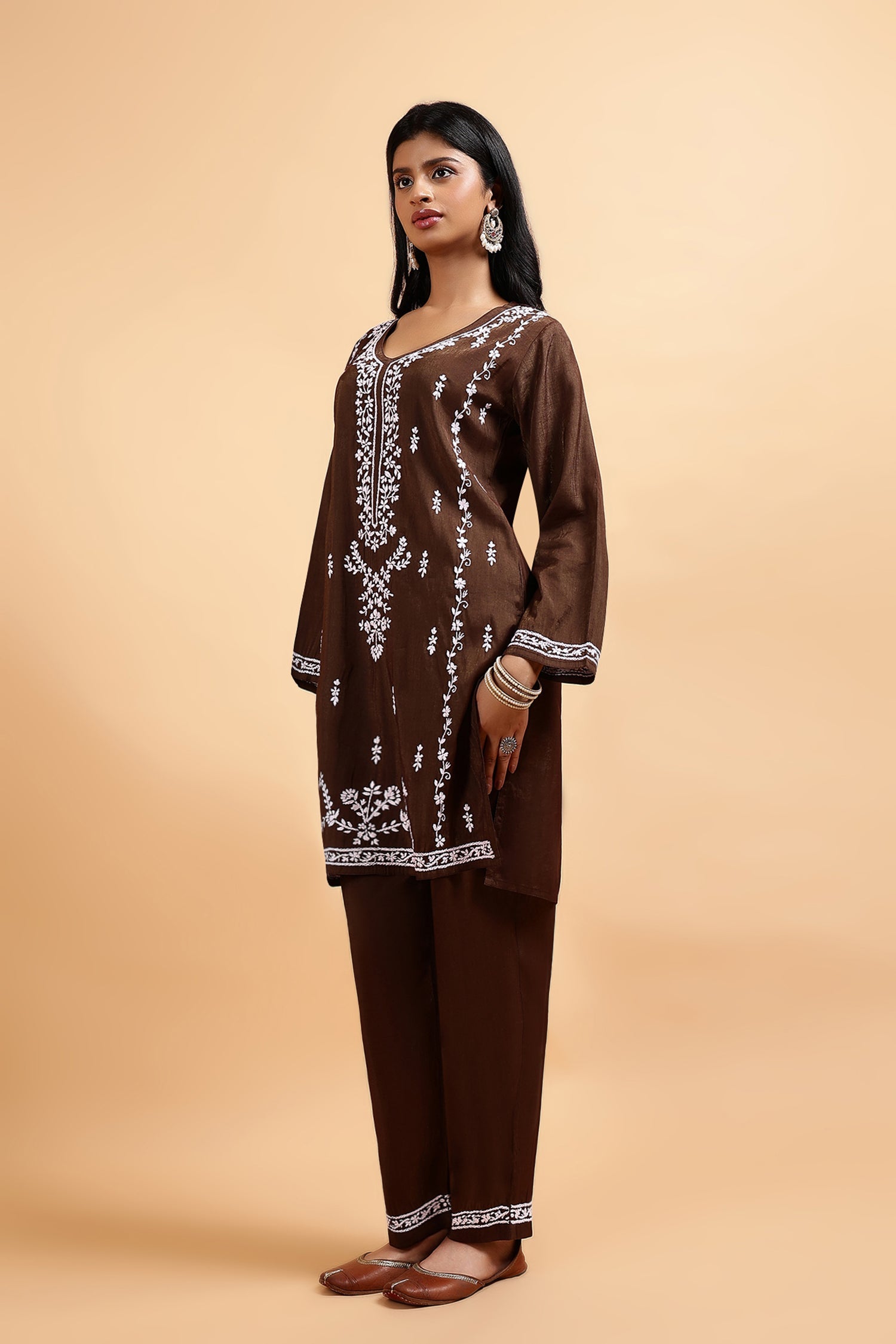 Chikankari Kurta Set in Viscose – Brown