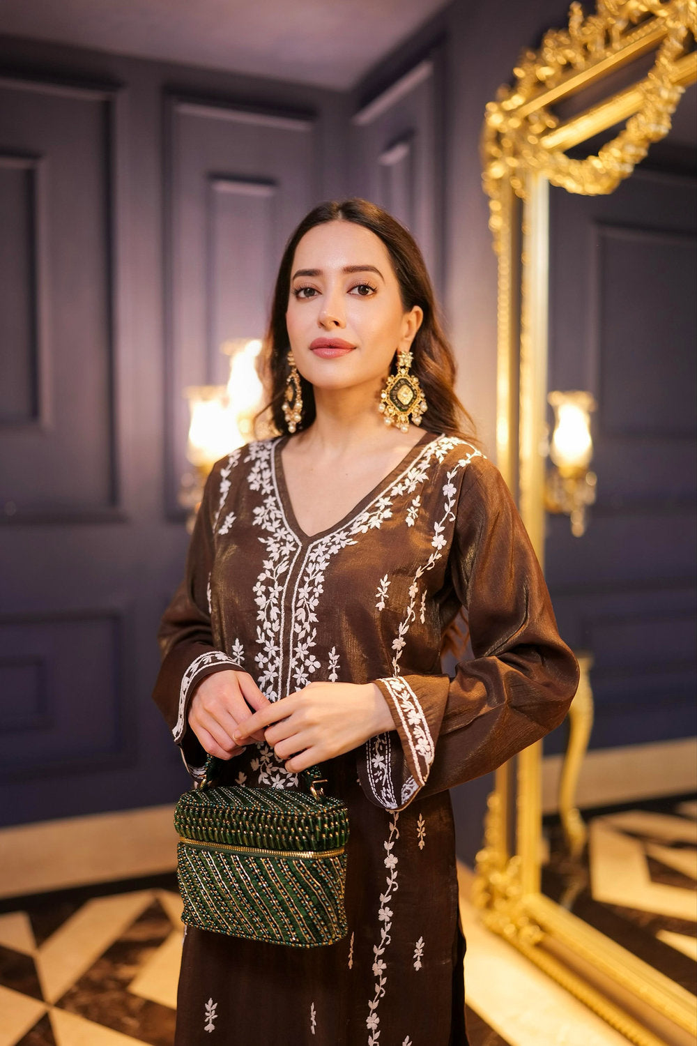 Komal X HOK Chikankari Kurta Set in Viscose – Brown