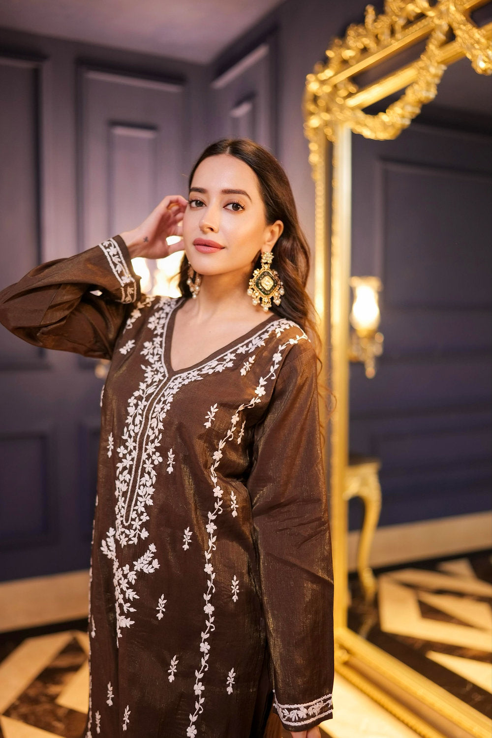 Komal X HOK Chikankari Kurta Set in Viscose – Brown