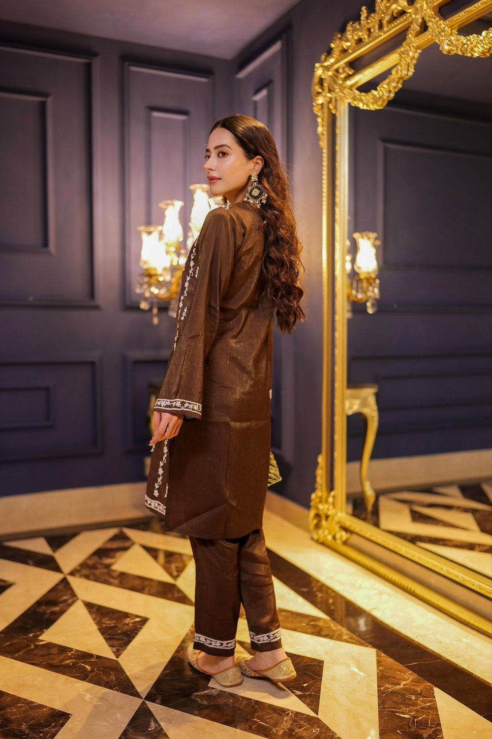 Komal X HOK Chikankari Kurta Set in Viscose – Brown