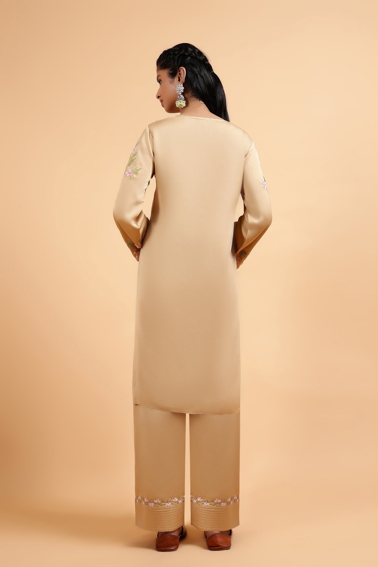 Chikankari Kurta Set in Satin Silk with Farsi Pants – Beige