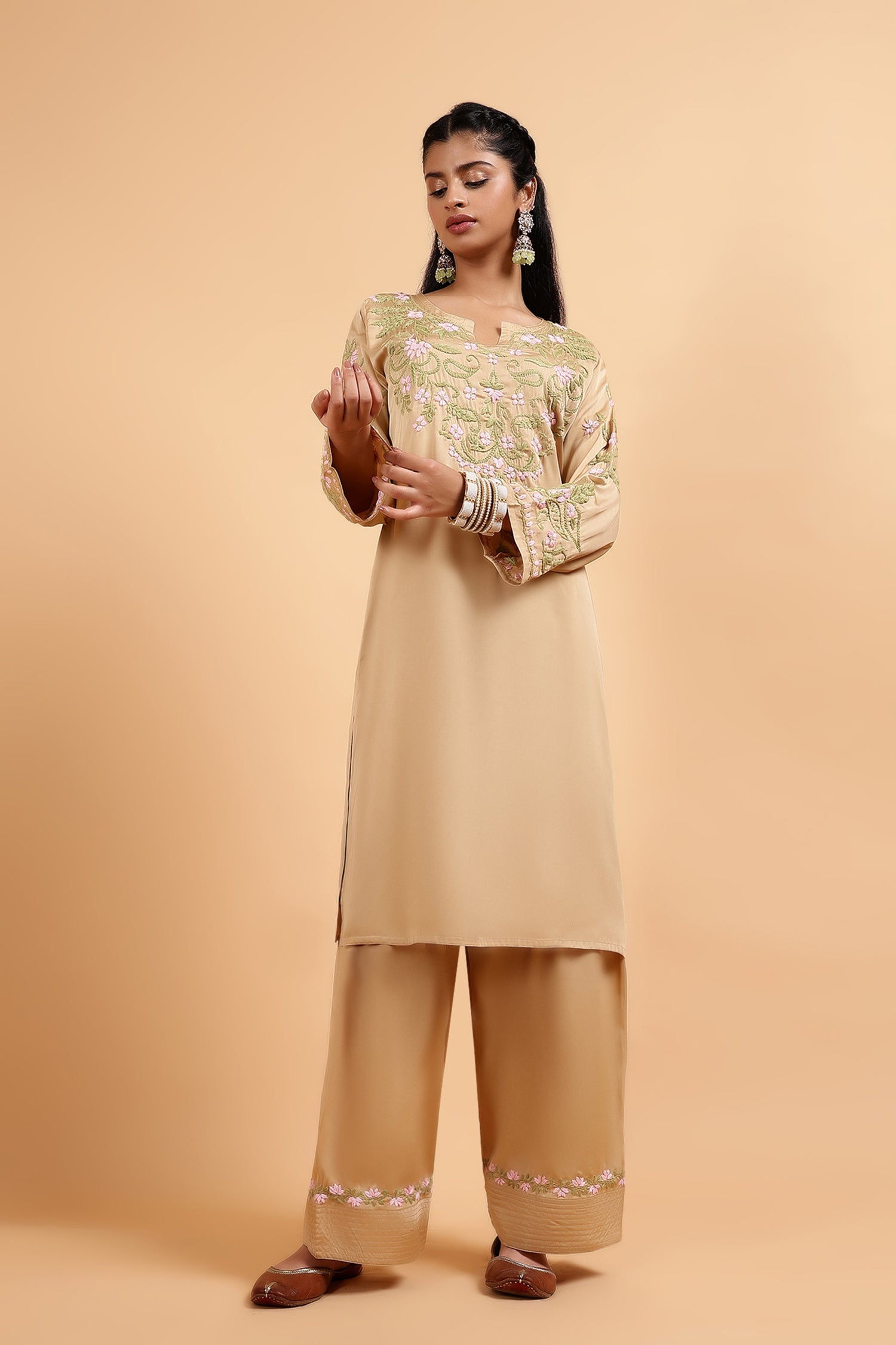 Chikankari Kurta Set in Satin Silk with Farsi Pants – Beige