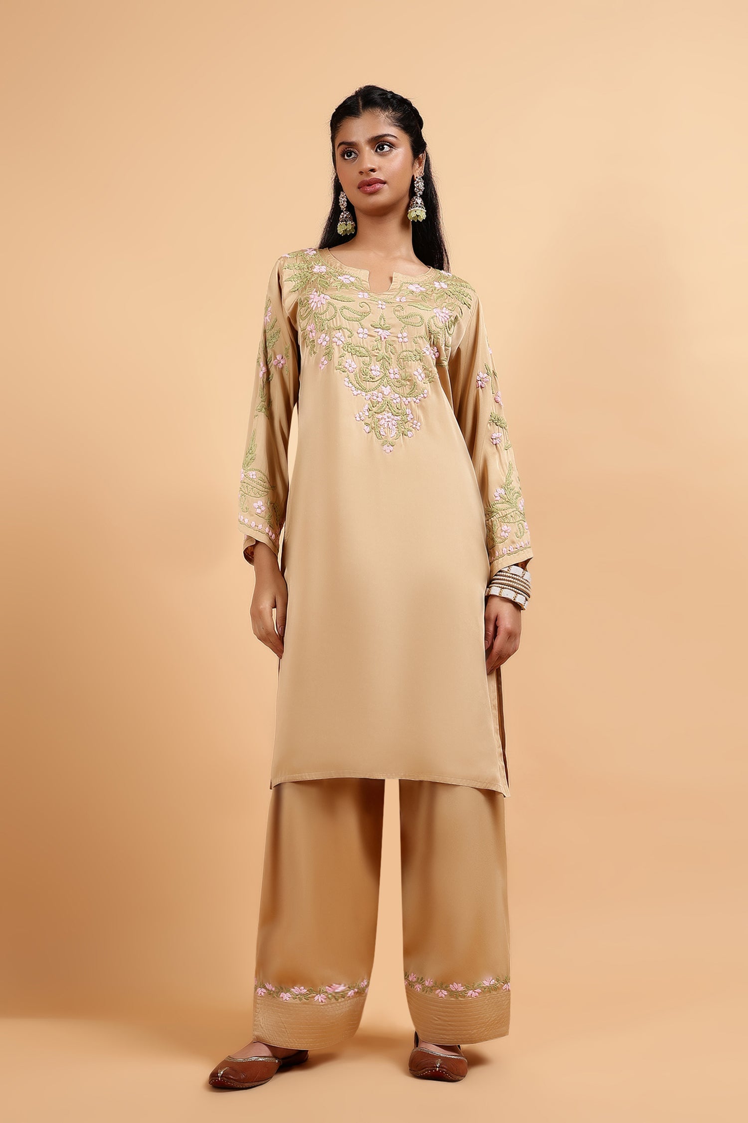 Chikankari Kurta Set in Satin Silk with Farsi Pants – Beige