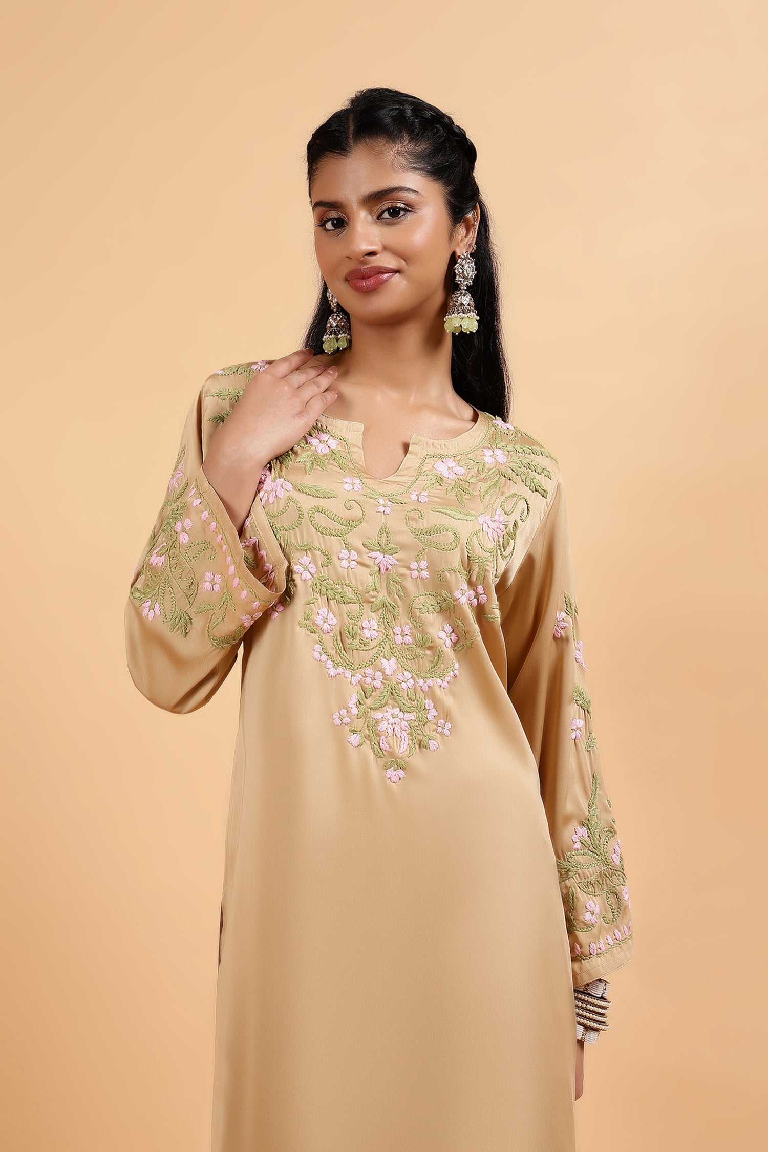 Chikankari Kurta Set in Satin Silk with Farsi Pants – Beige