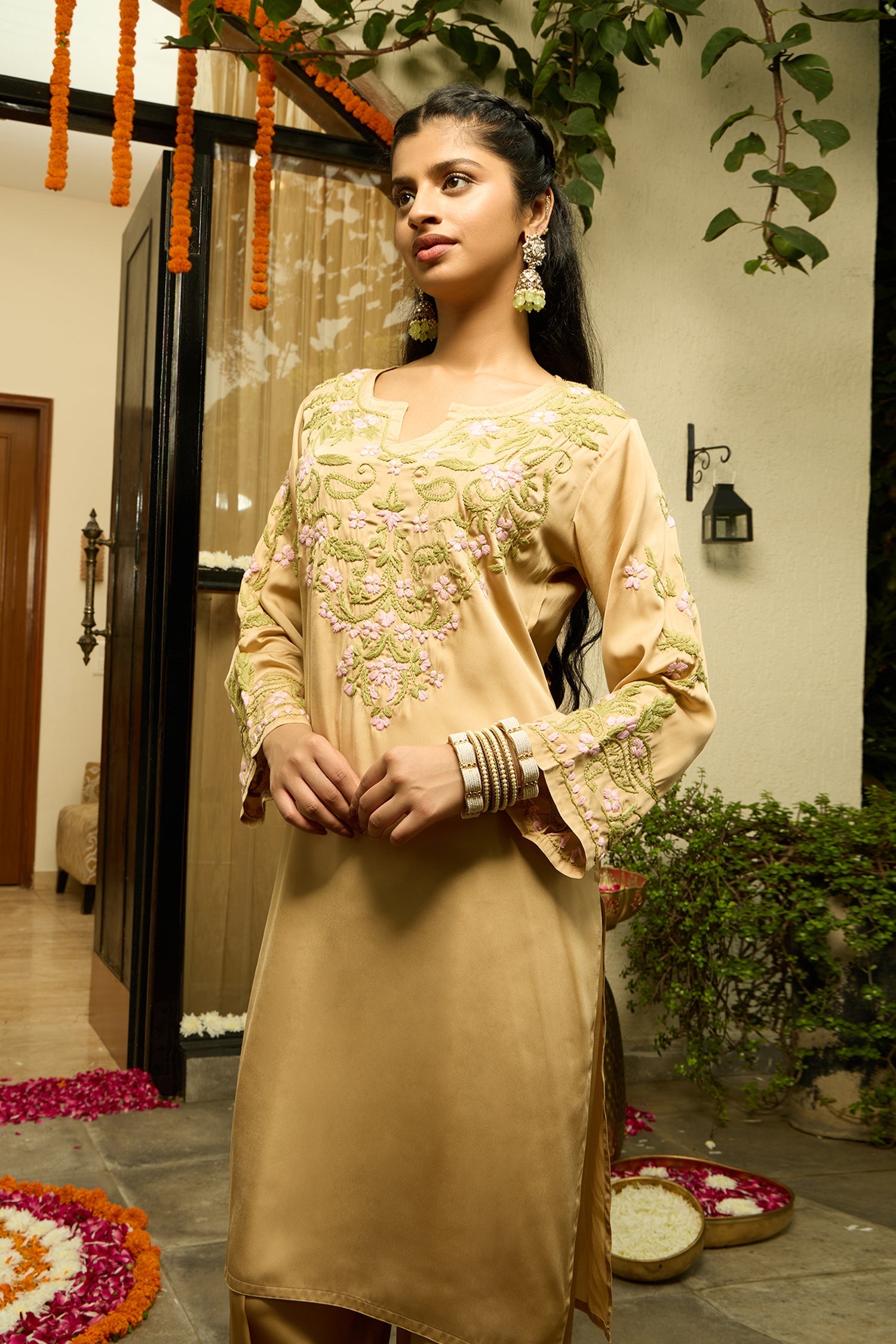 Chikankari Kurta Set in Satin Silk with Farsi Pants – Beige