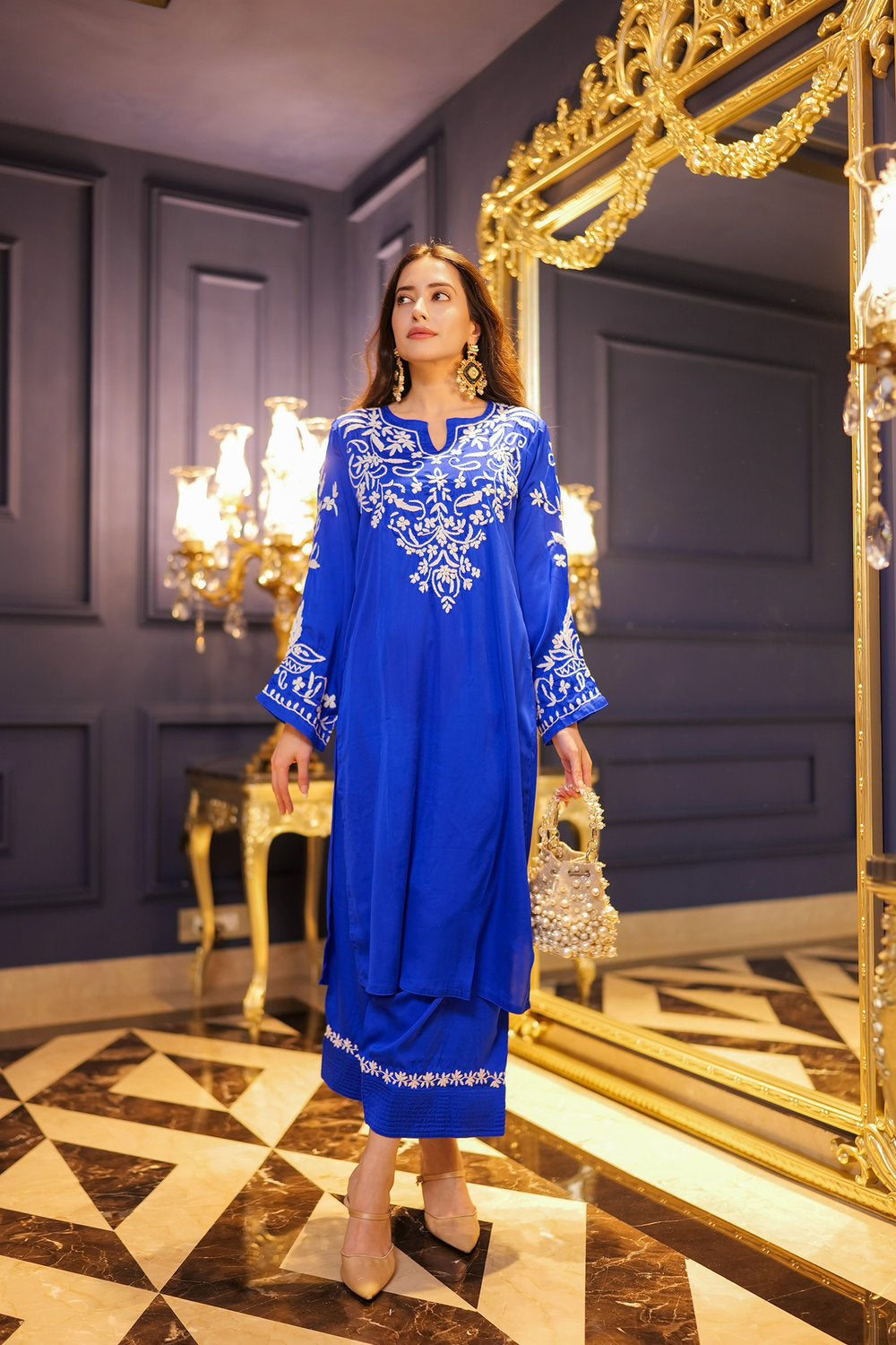 Komal X HOK Chikankari Kurta Set in Satin Silk with Farsi Pants – Royal Blue
