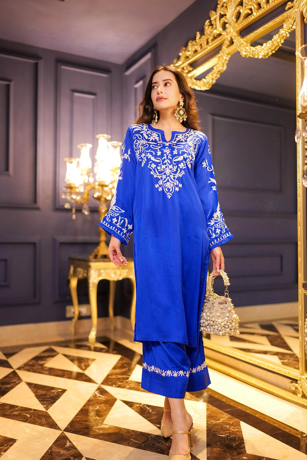 Komal X HOK Chikankari Kurta Set in Satin Silk with Farsi Pants – Royal Blue