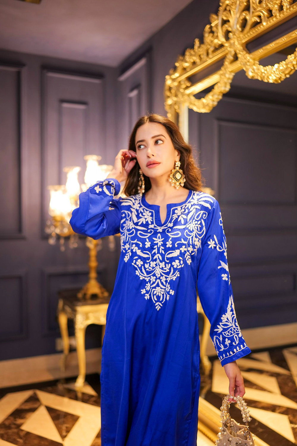 Komal X HOK Chikankari Kurta Set in Satin Silk with Farsi Pants – Royal Blue