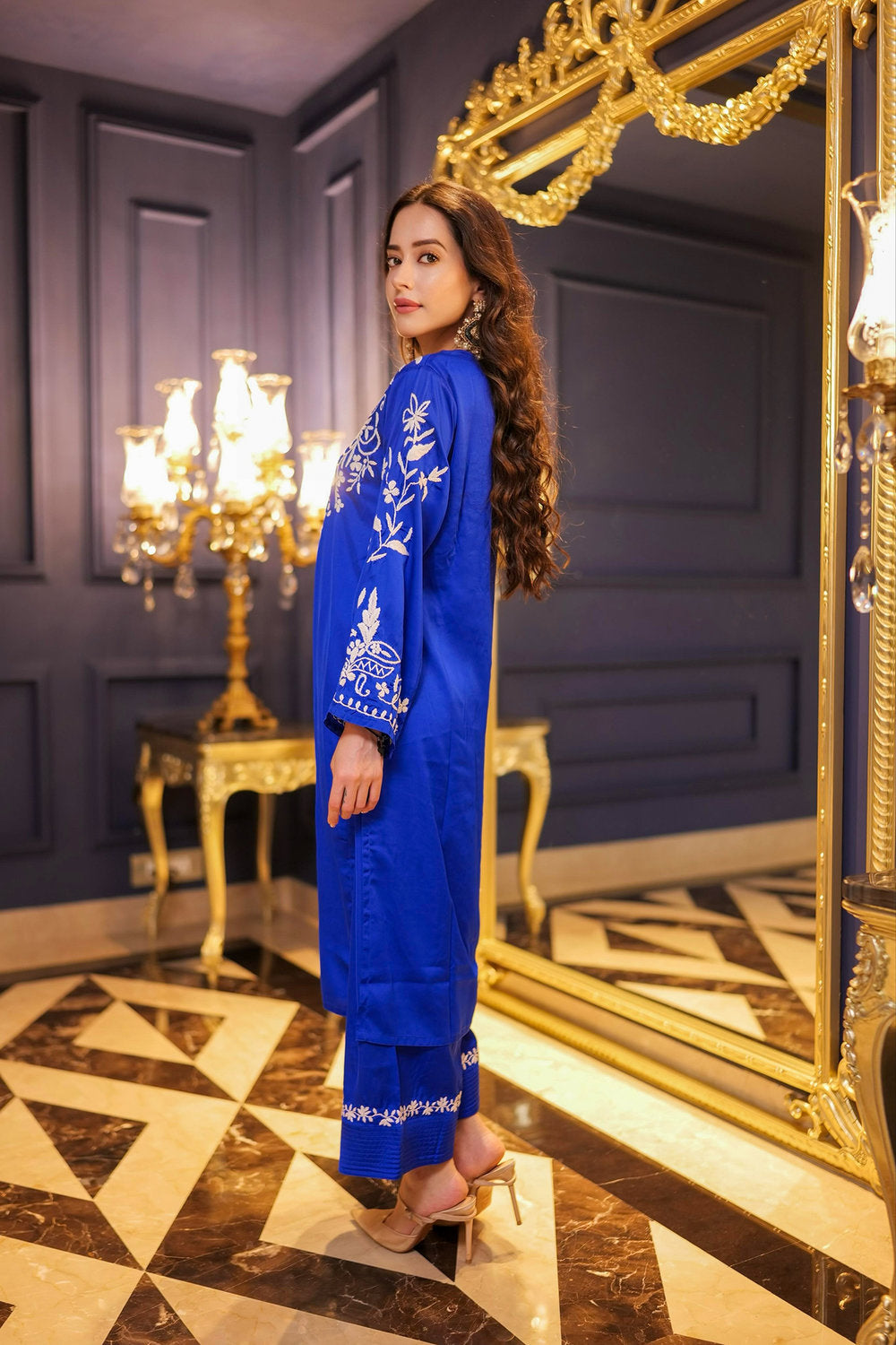 Komal X HOK Chikankari Kurta Set in Satin Silk with Farsi Pants – Royal Blue