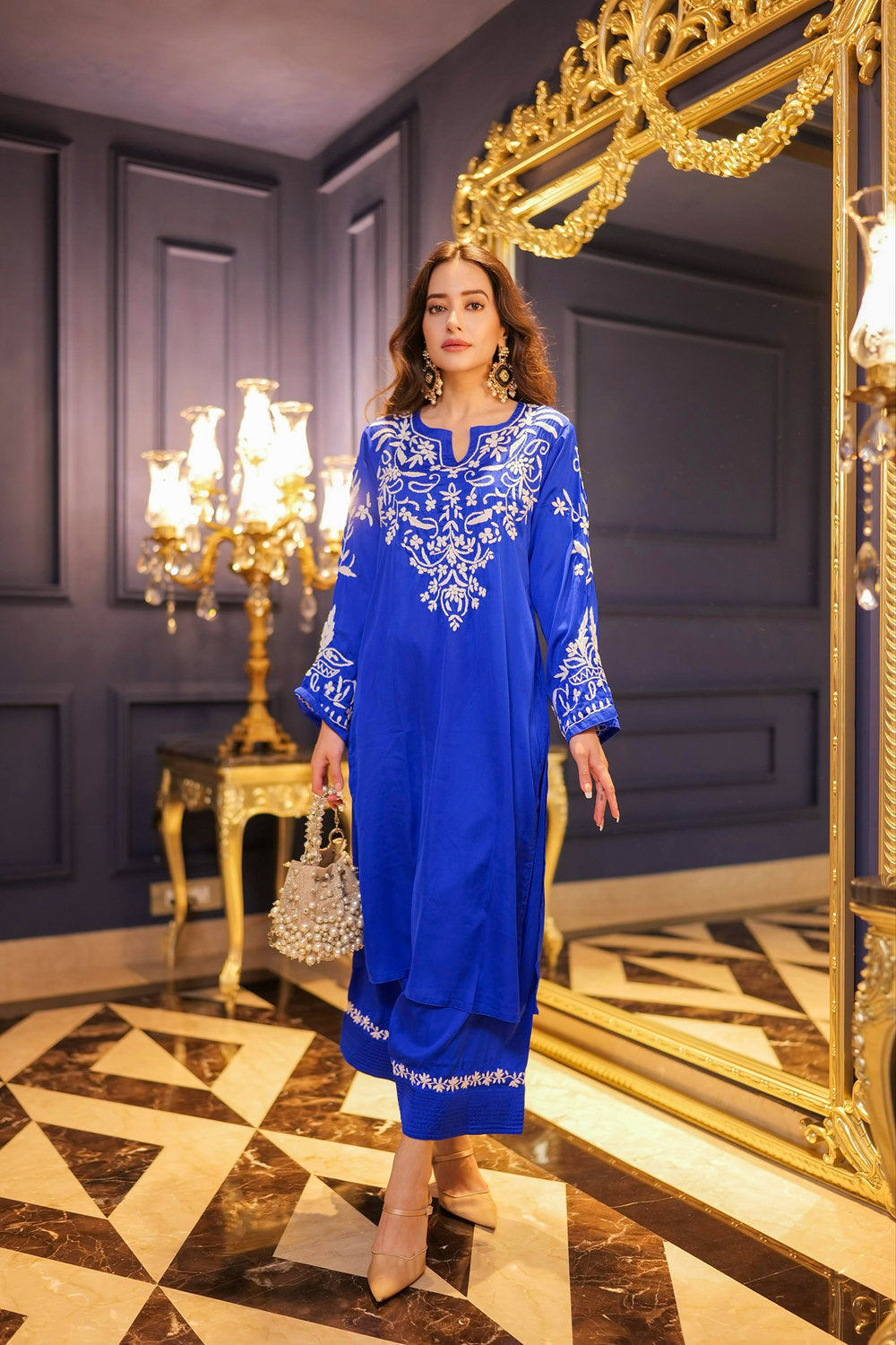 Komal X HOK Chikankari Kurta Set in Satin Silk with Farsi Pants – Royal Blue