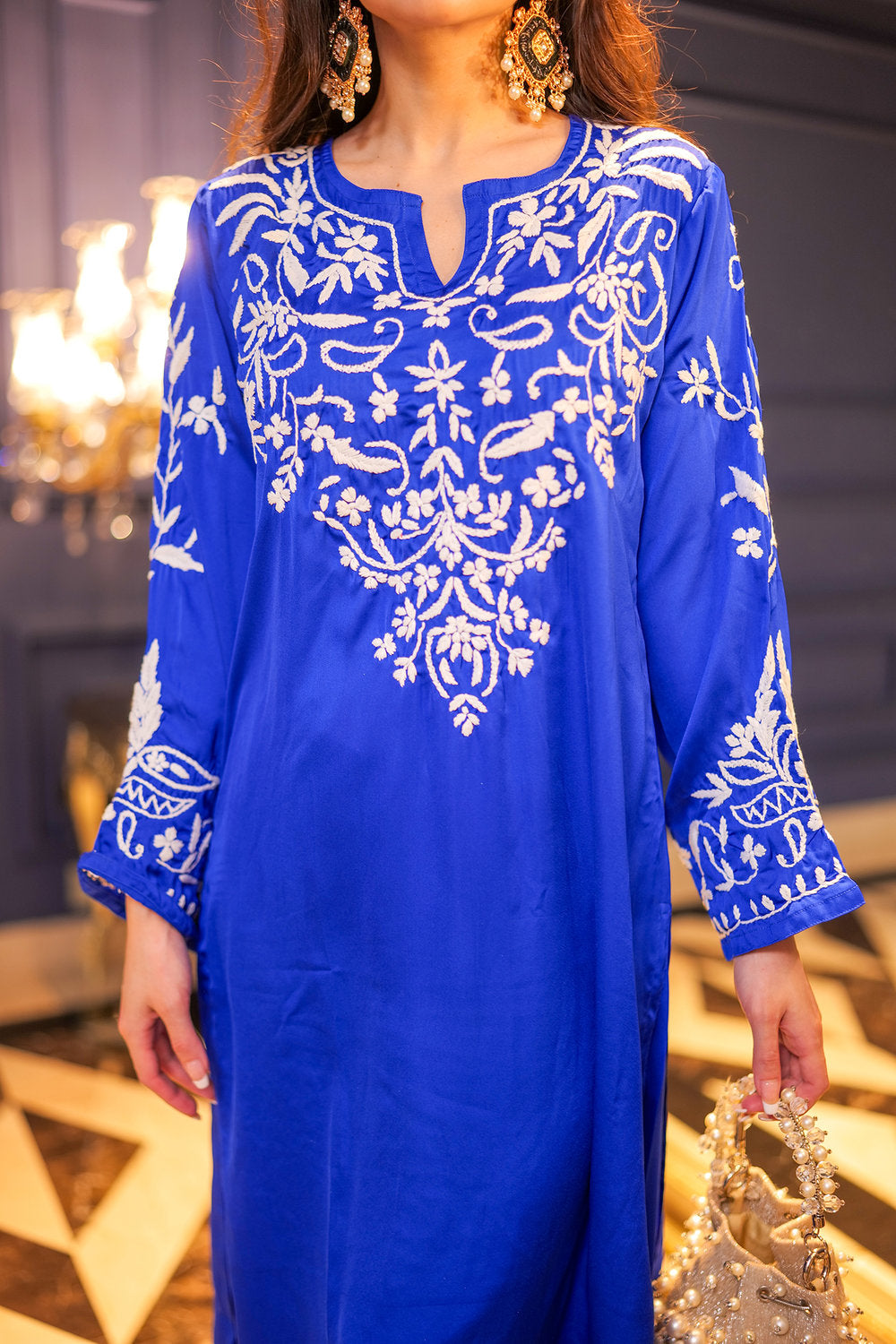 Komal X HOK Chikankari Kurta Set in Satin Silk with Farsi Pants – Royal Blue