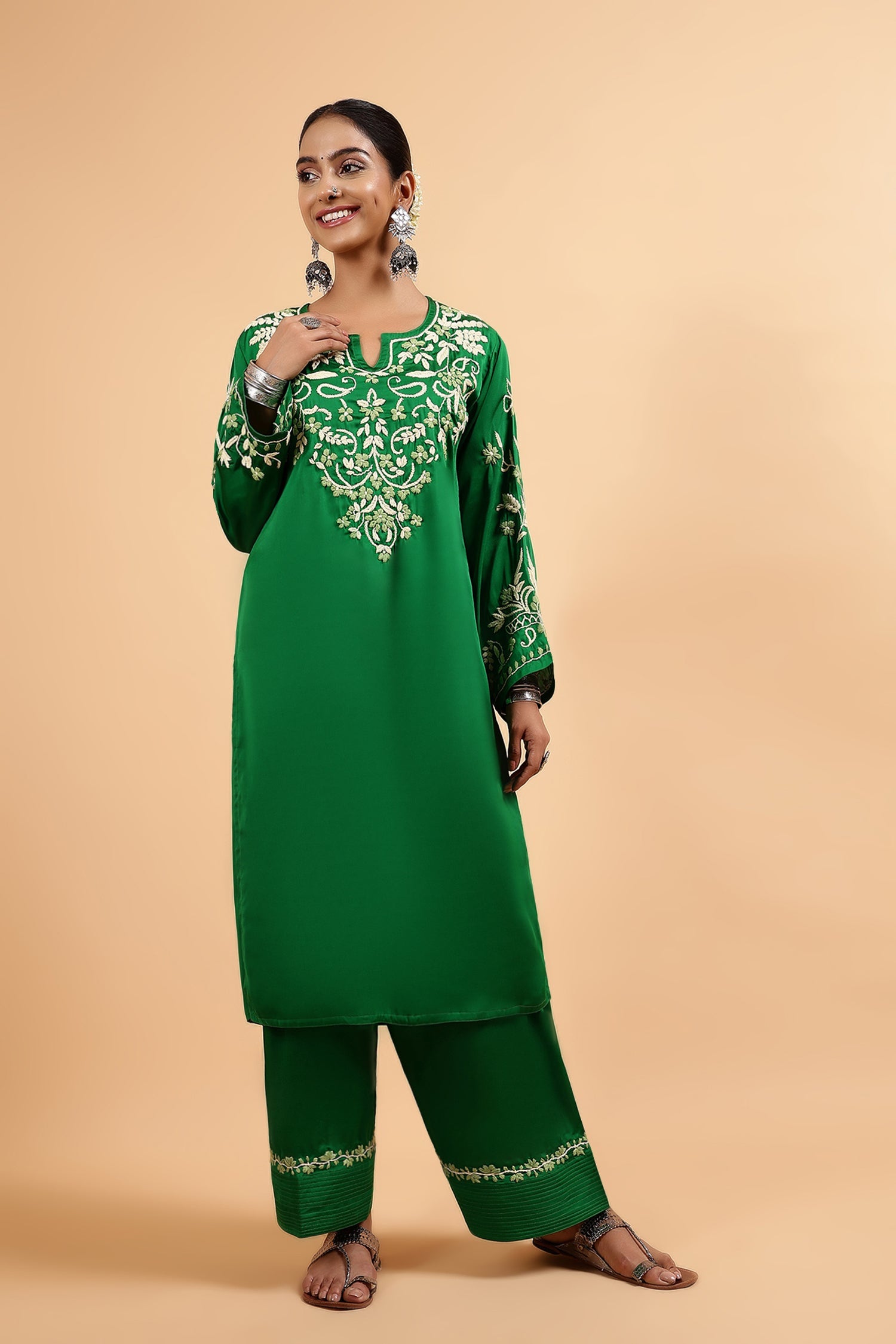 Chikankari Kurta Set in Satin Silk with Farsi Pants – Green
