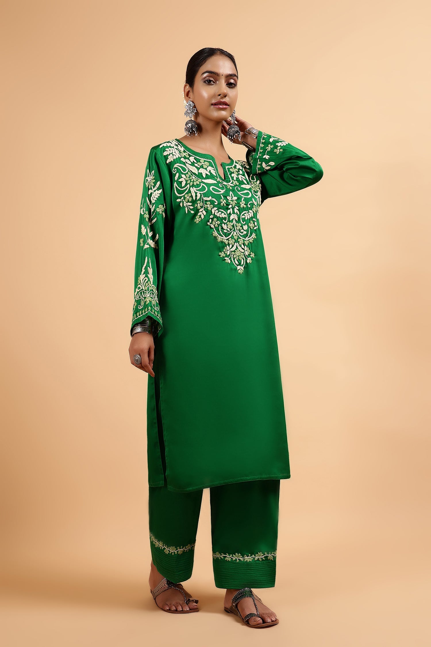Chikankari Kurta Set in Satin Silk with Farsi Pants – Green