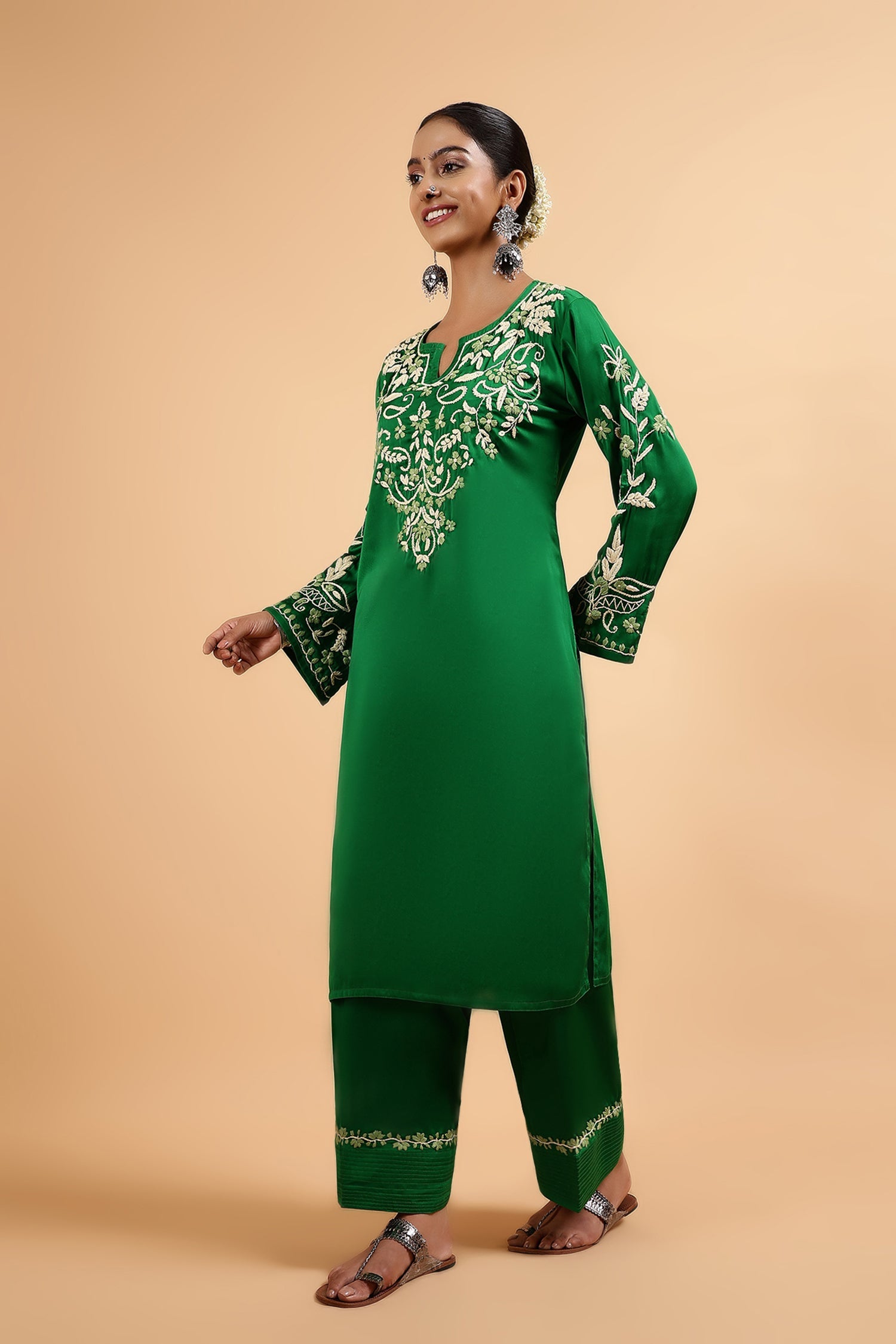 Chikankari Kurta Set in Satin Silk with Farsi Pants – Green