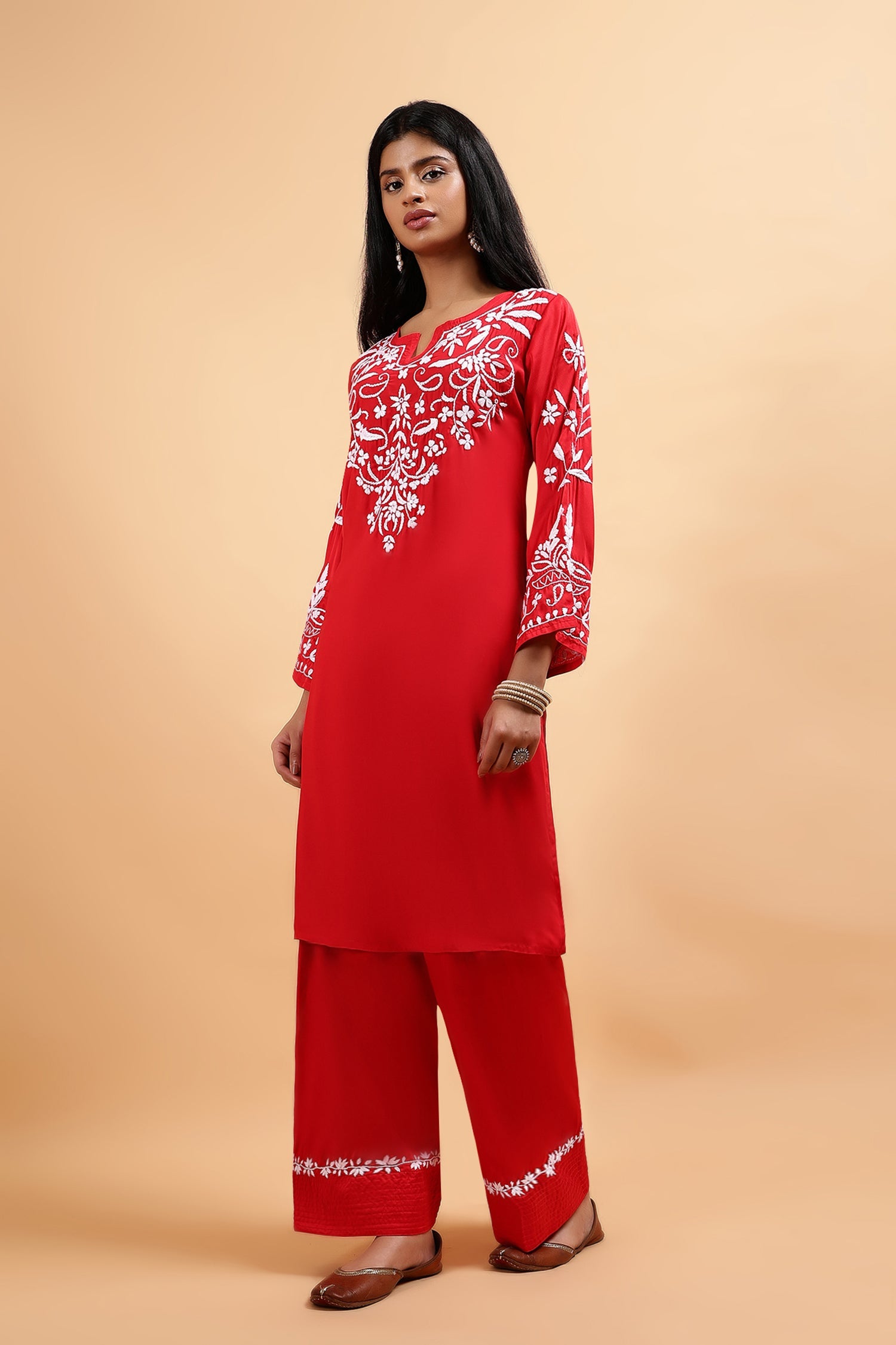 Chikankari Kurta Set in Satin Silk with Farsi Pants – Red