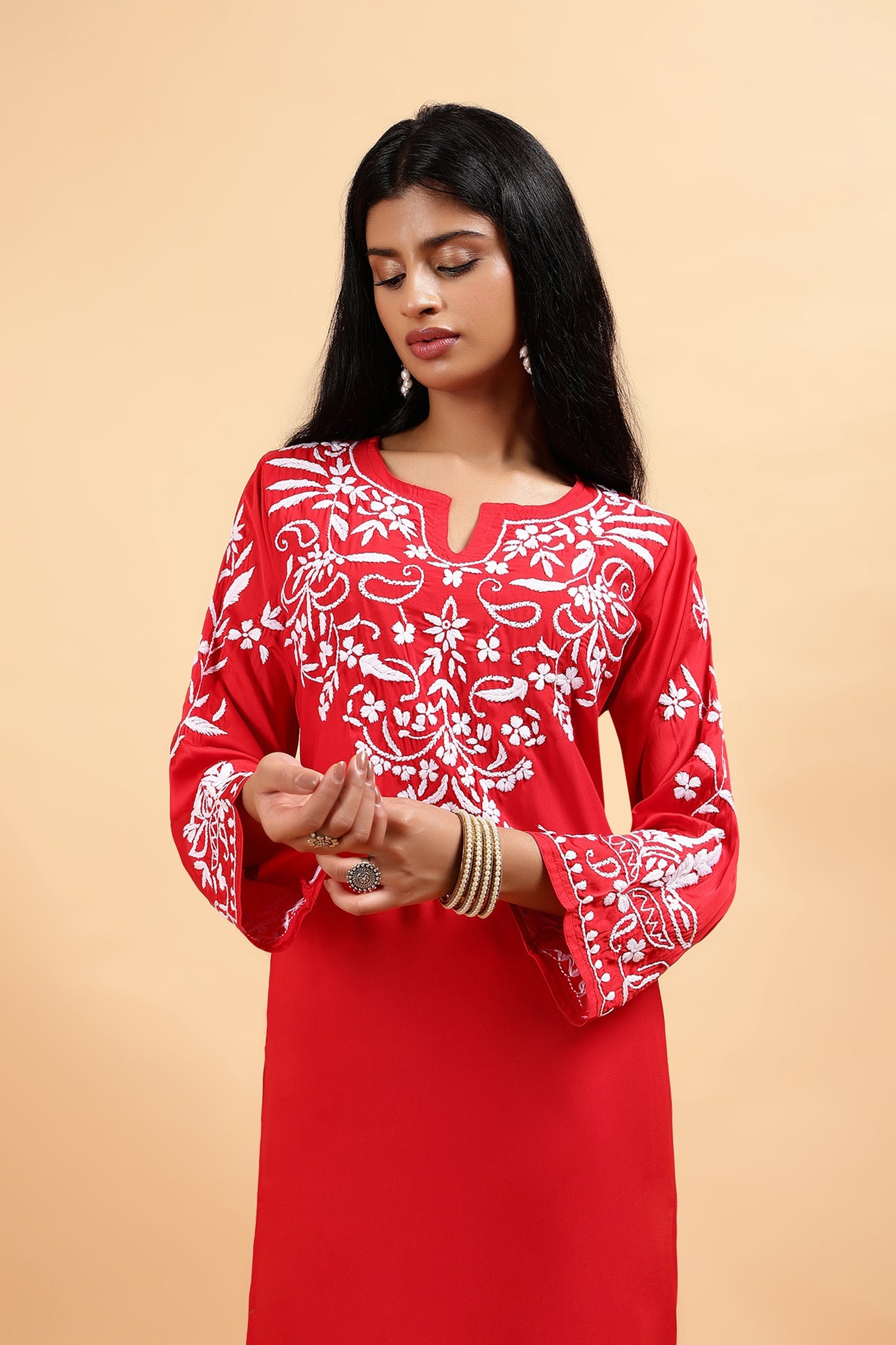 Chikankari Kurta Set in Satin Silk with Farsi Pants – Red