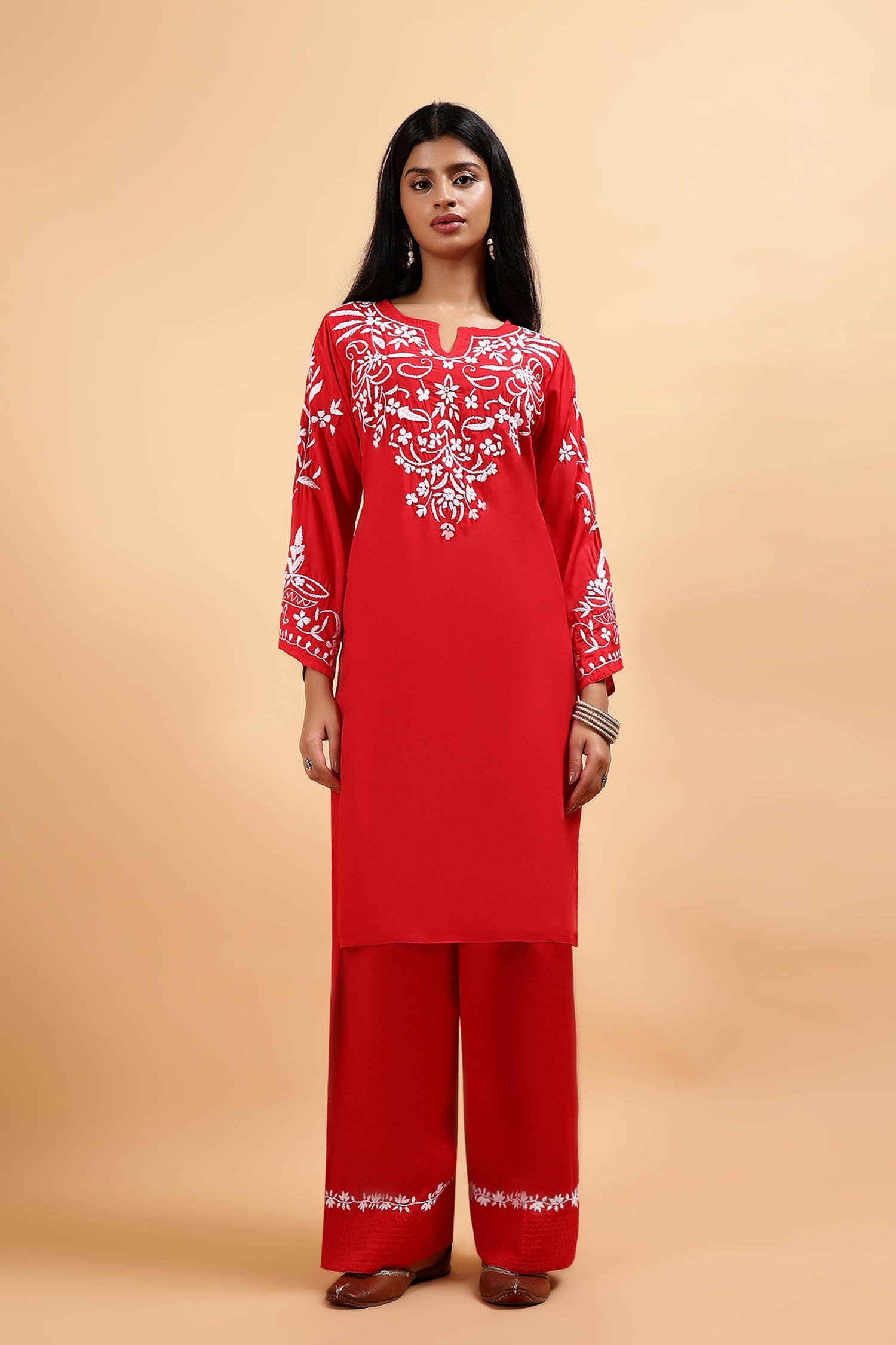 Chikankari Kurta Set in Satin Silk with Farsi Pants – Red