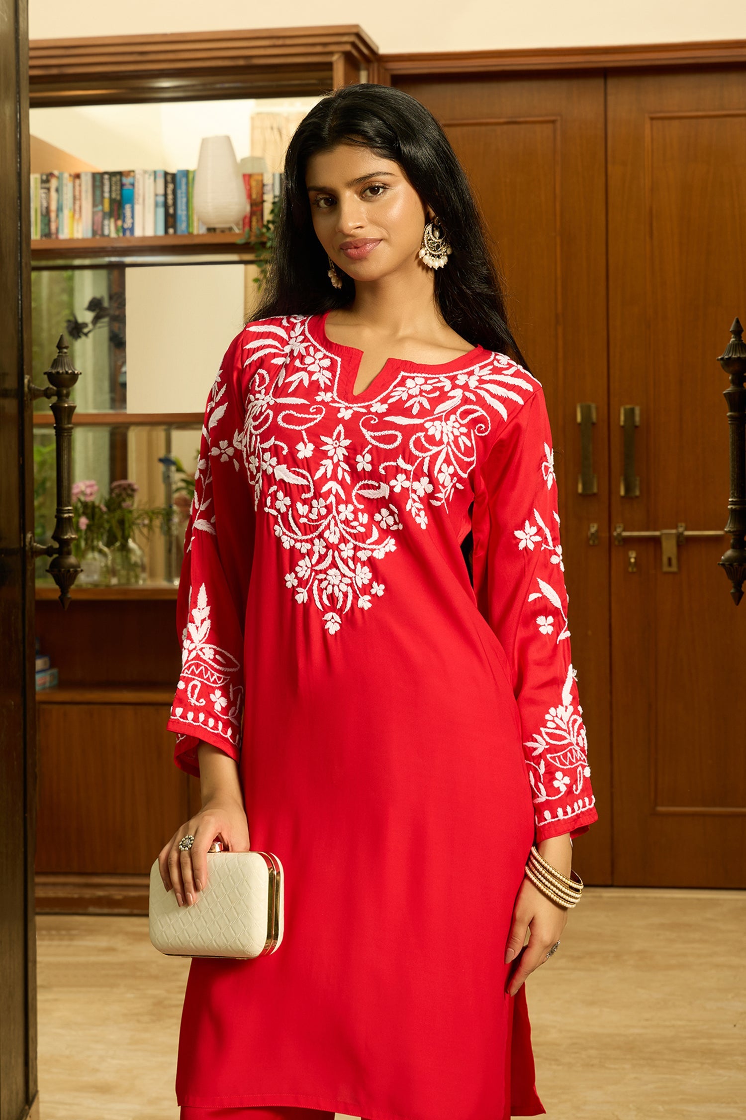 Chikankari Kurta Set in Satin Silk with Farsi Pants – Red