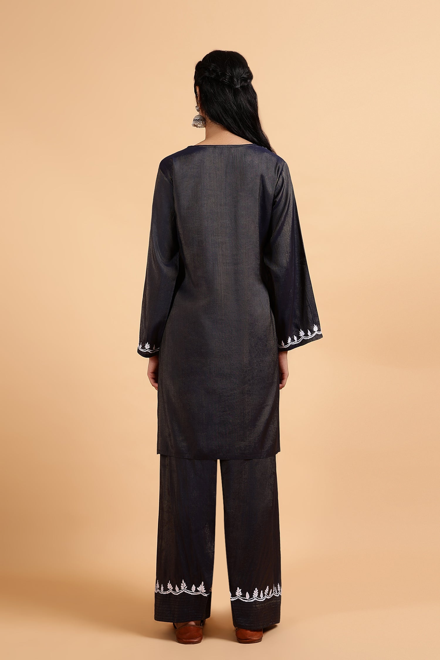 Chikankari Kurta Set in Viscose with Farsi Pants – Navy Blue