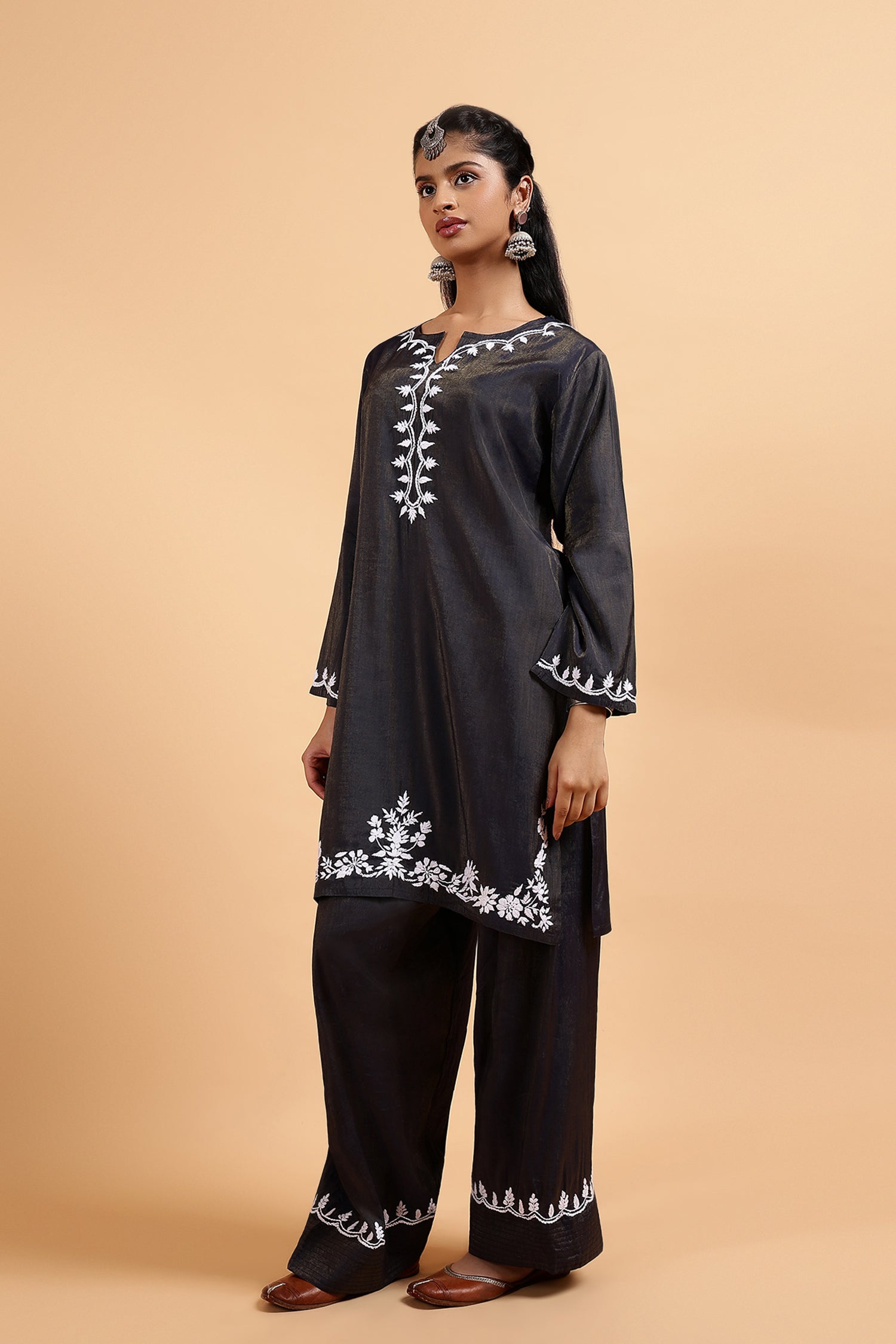 Chikankari Kurta Set in Viscose with Farsi Pants – Navy Blue