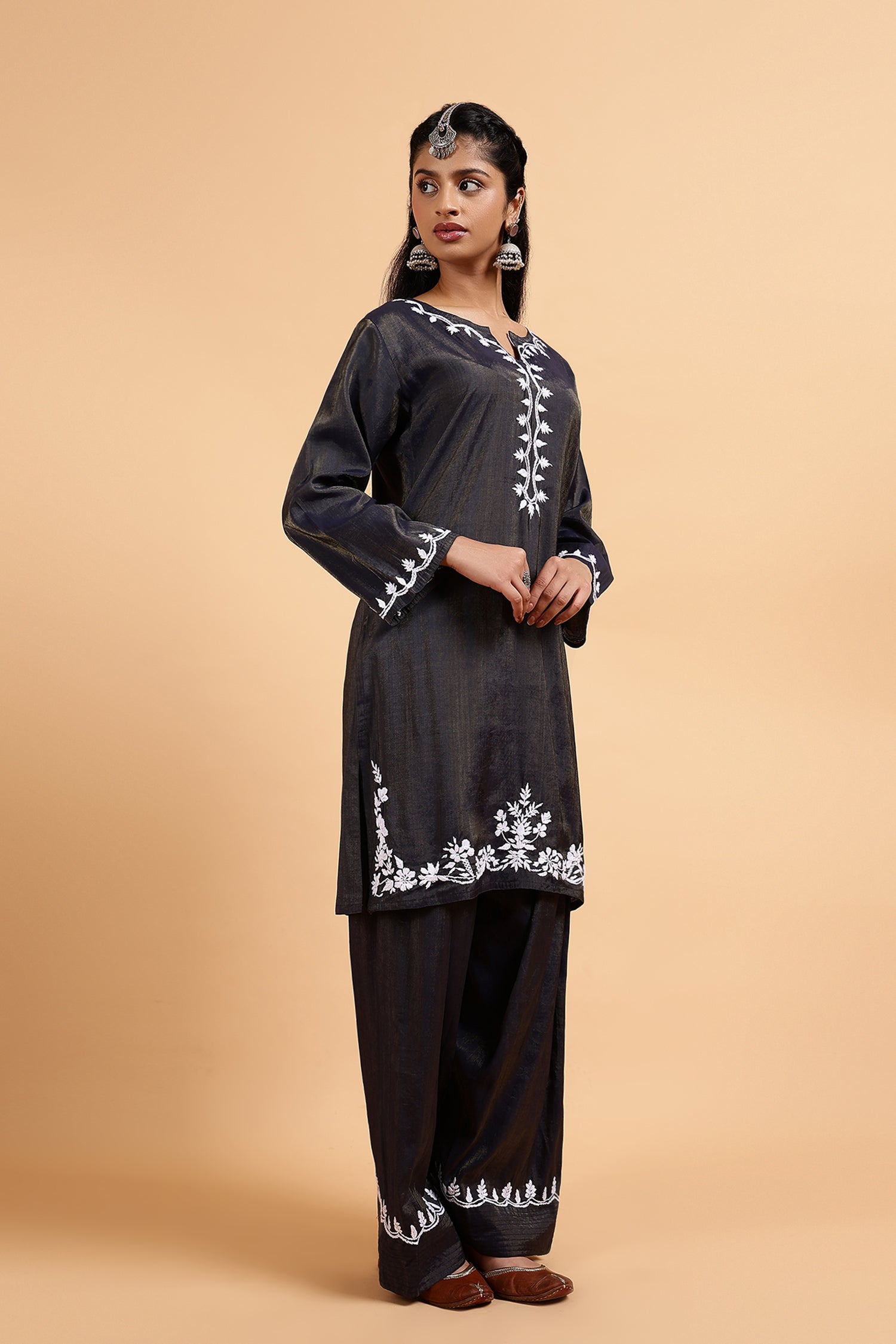 Chikankari Kurta Set in Viscose with Farsi Pants – Navy Blue