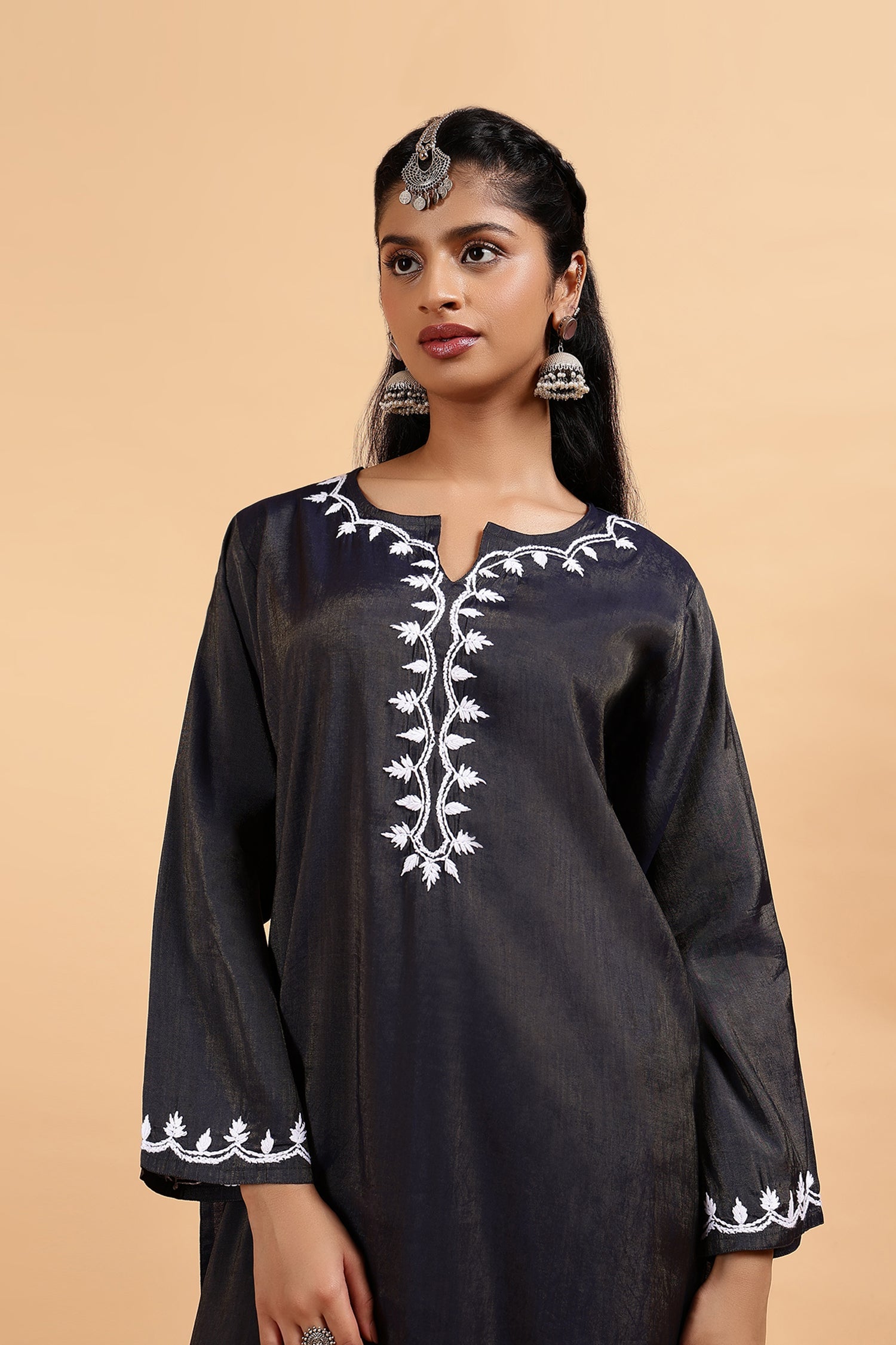 Chikankari Kurta Set in Viscose with Farsi Pants – Navy Blue