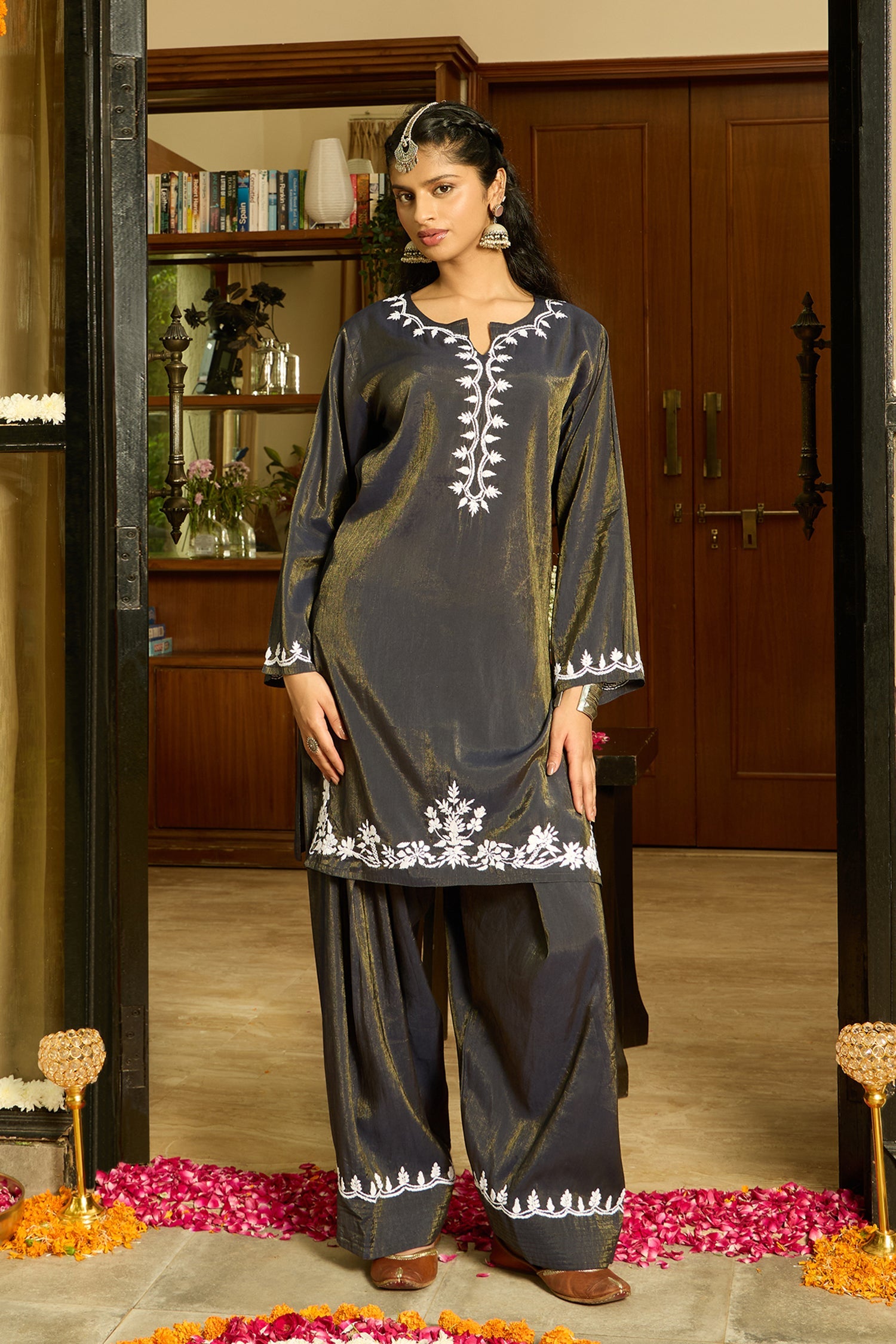 Chikankari Kurta Set in Viscose with Farsi Pants – Navy Blue