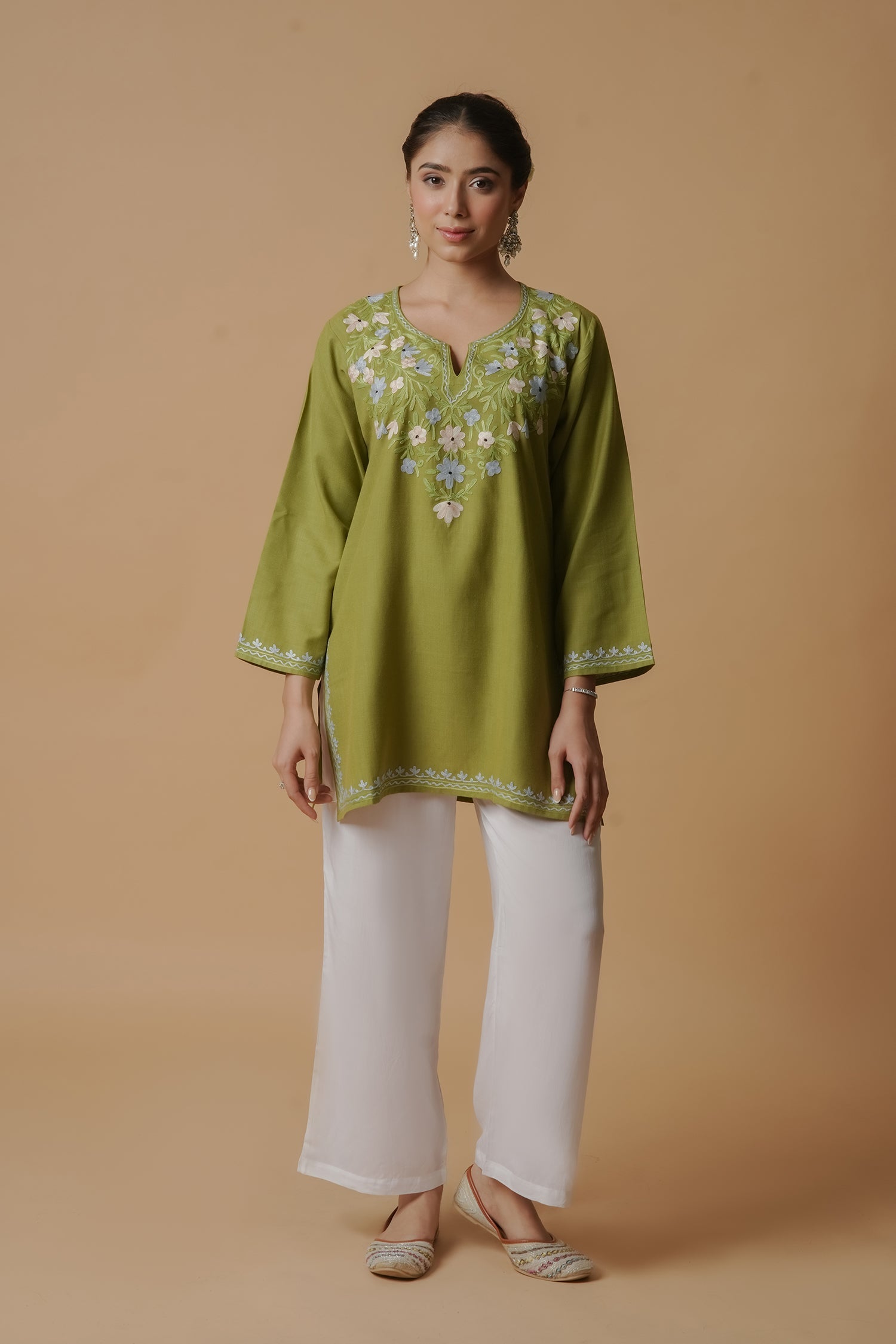 Kashmiri Aari Work Cotton Short Kurta – Green