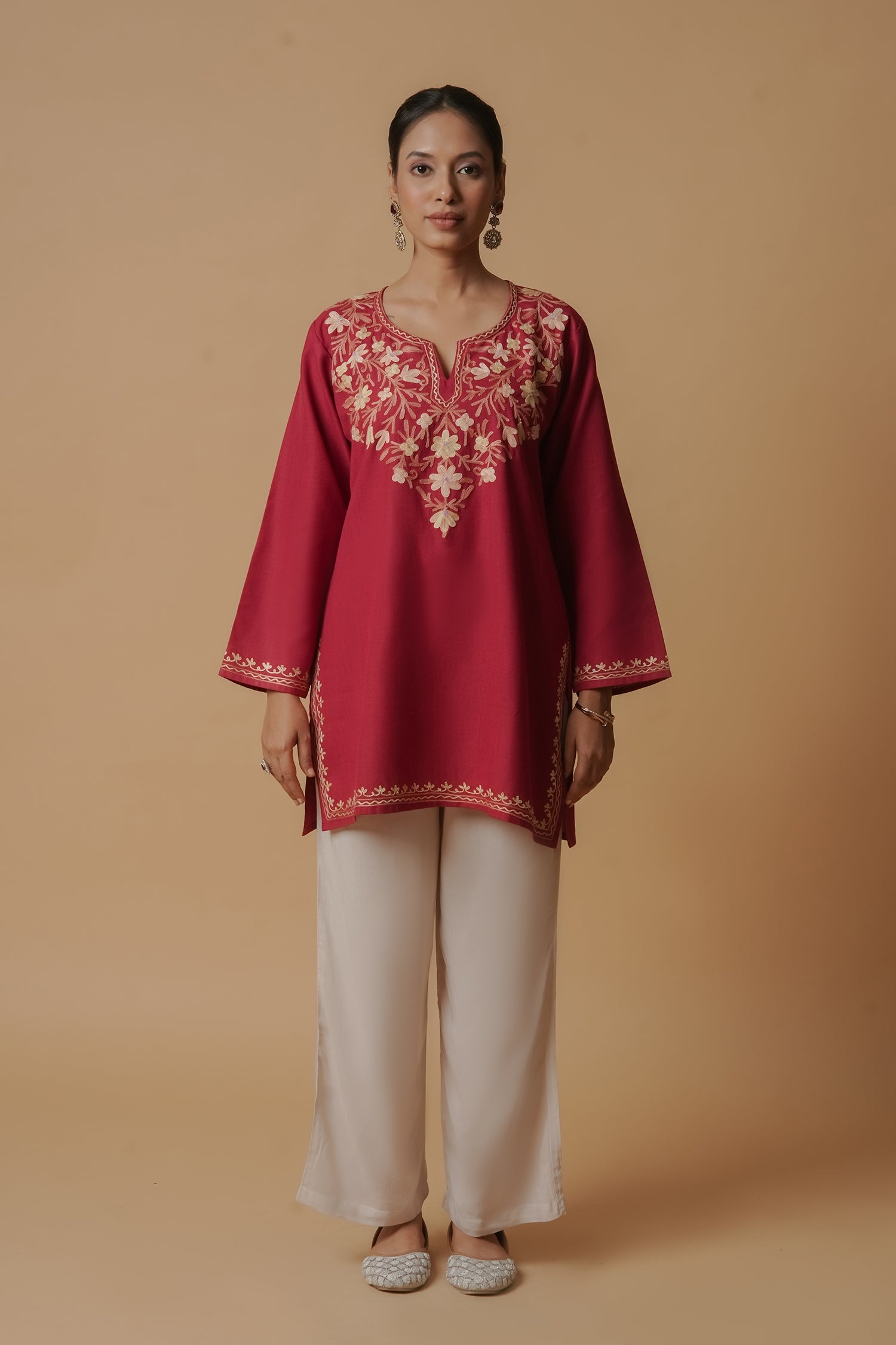 Kashmiri Aari Work Cotton Short Kurta – Maroon