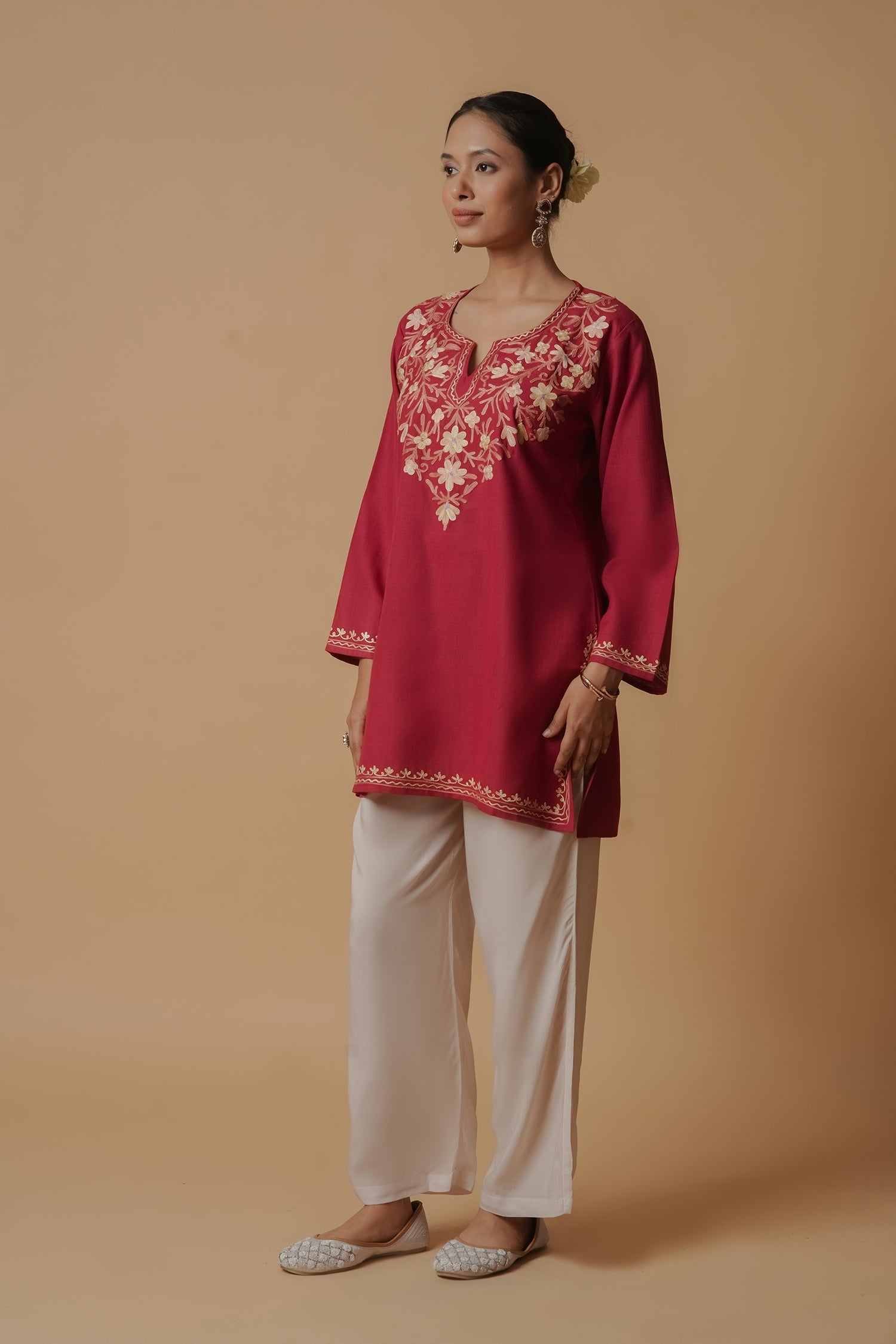 Kashmiri Aari Work Cotton Short Kurta – Maroon