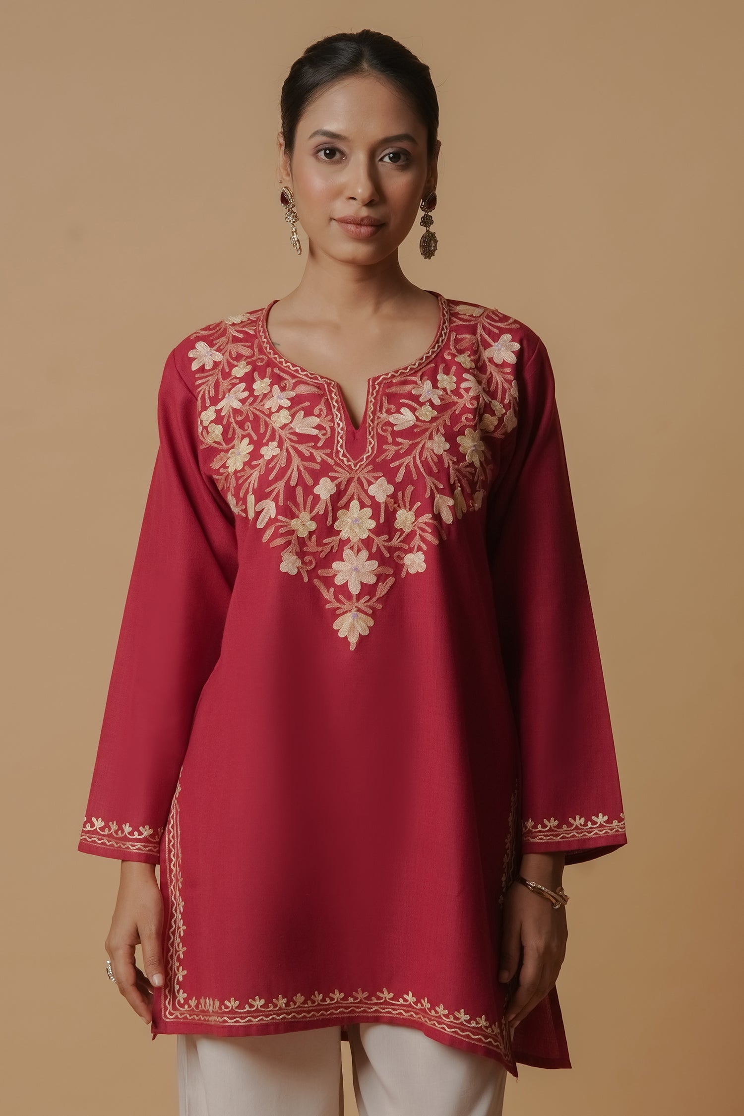 Kashmiri Aari Work Cotton Short Kurta – Maroon