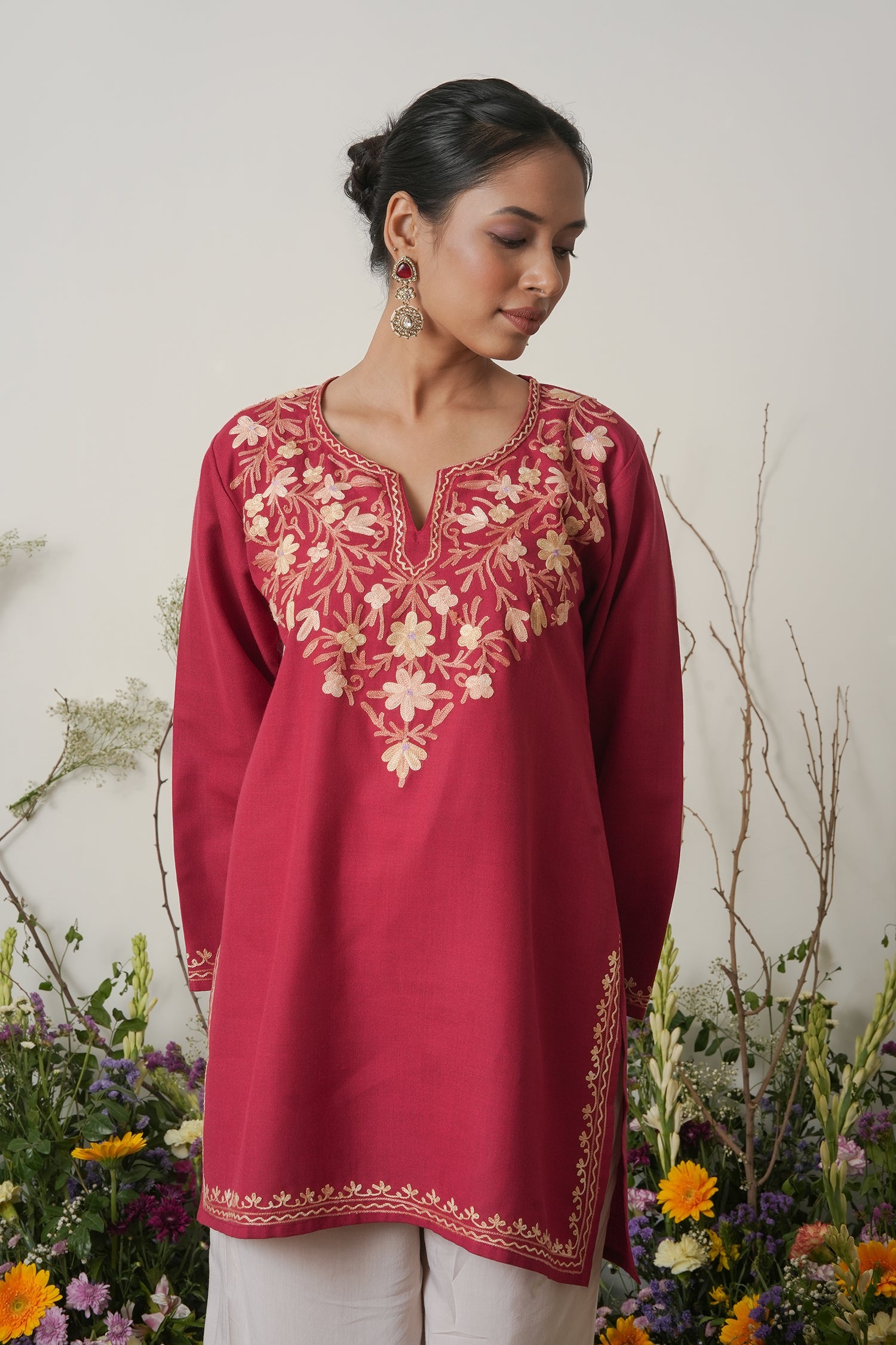 Kashmiri Aari Work Cotton Short Kurta – Maroon