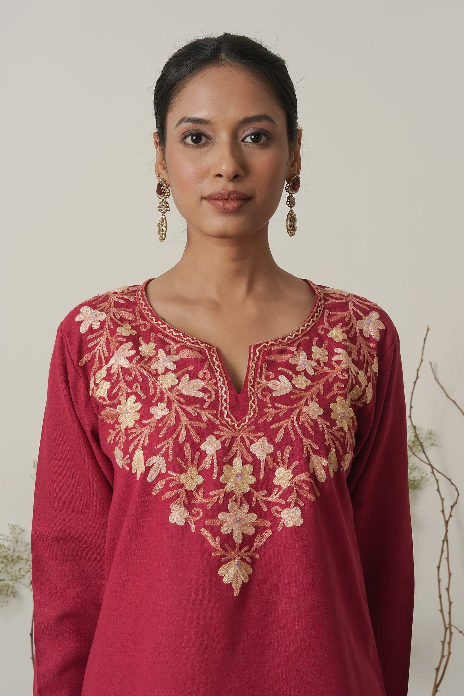 Kashmiri Aari Work Cotton Short Kurta – Maroon