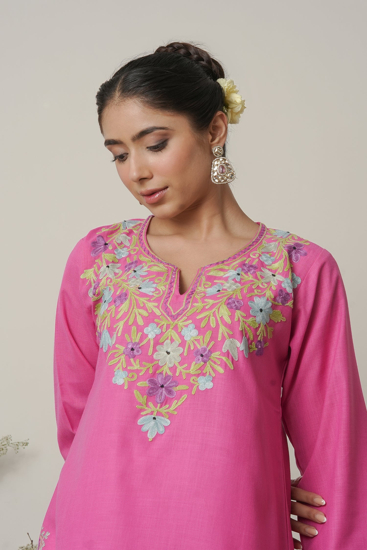 Kashmiri Aari Work Cotton Short Kurta – Pink