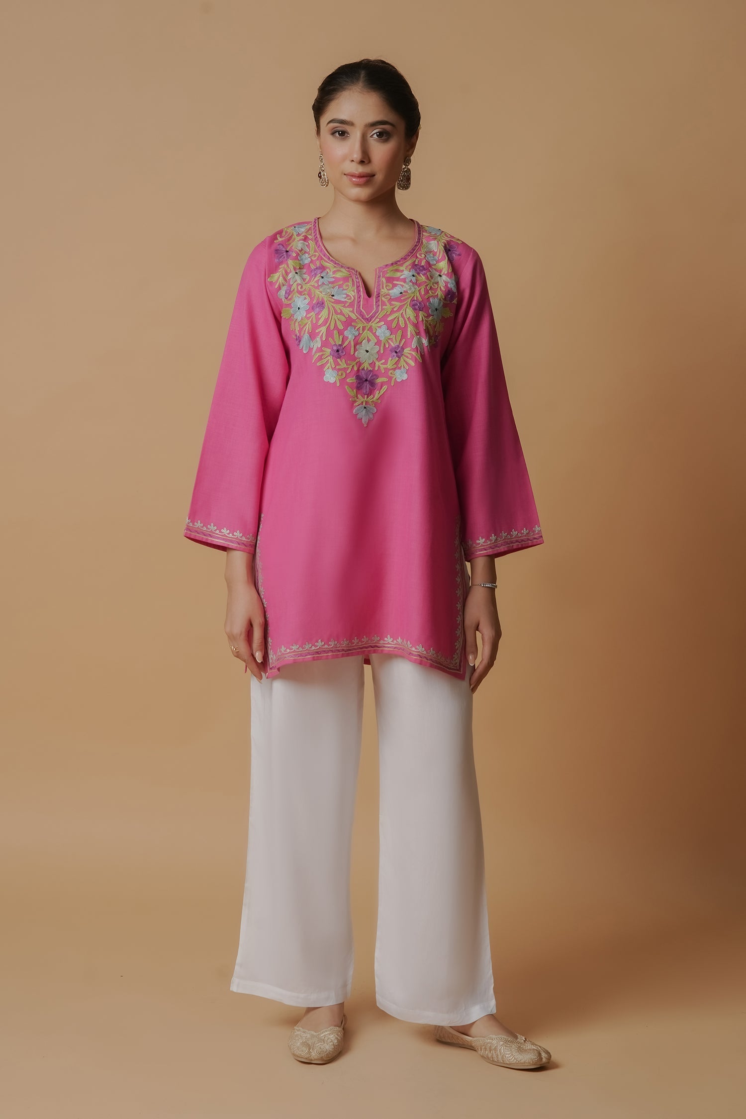 Kashmiri Aari Work Cotton Short Kurta – Pink