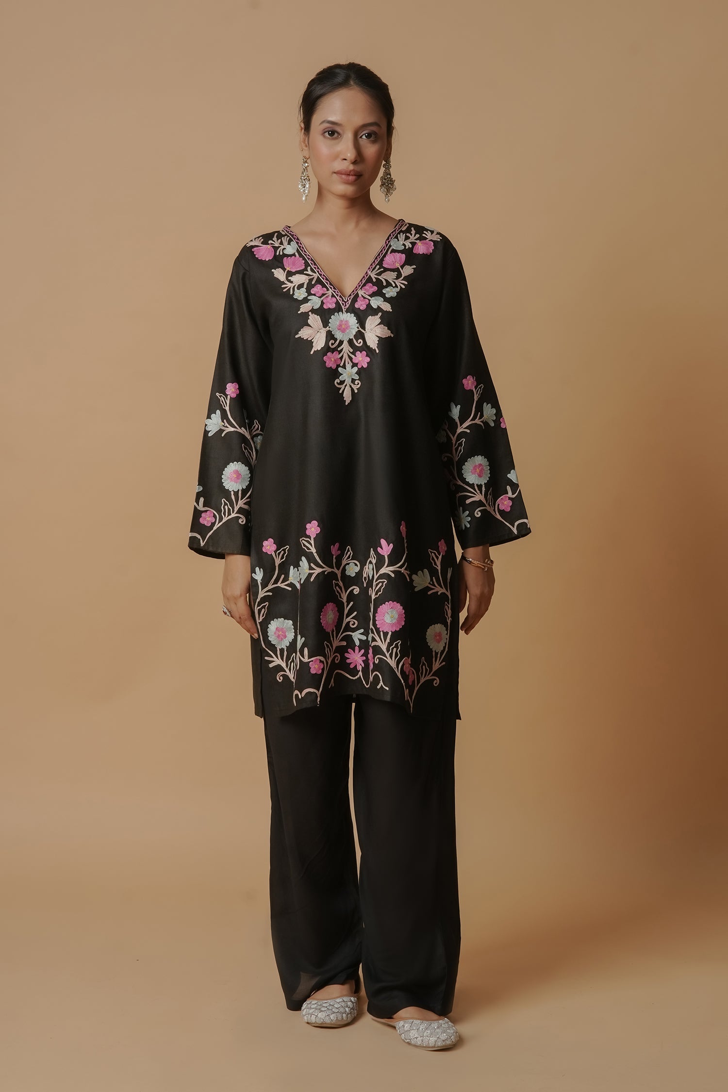 Kashmiri Aari Work Kurta – Black with Multicolor Embroidery