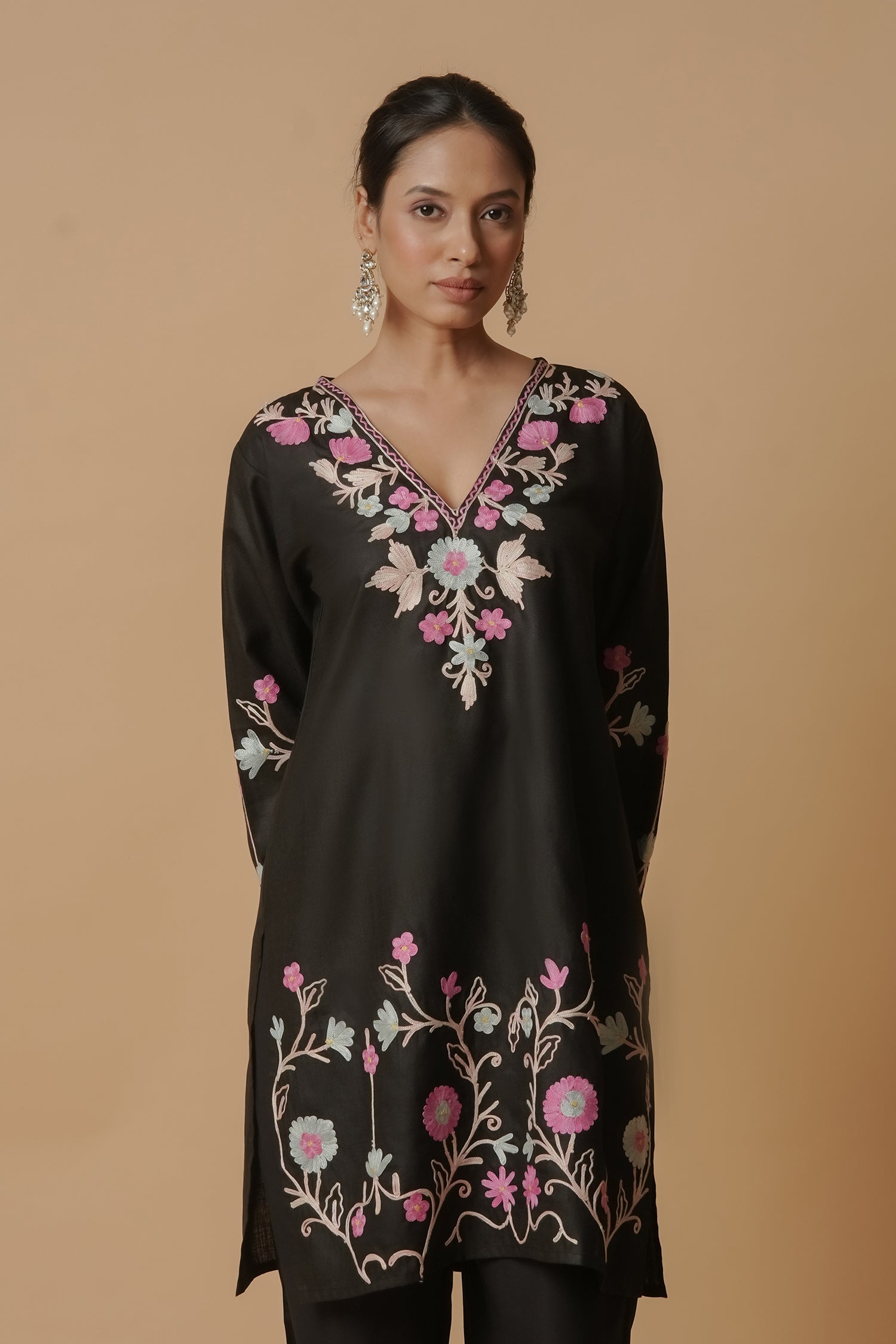 Kashmiri Aari Work Kurta – Black with Multicolor Embroidery