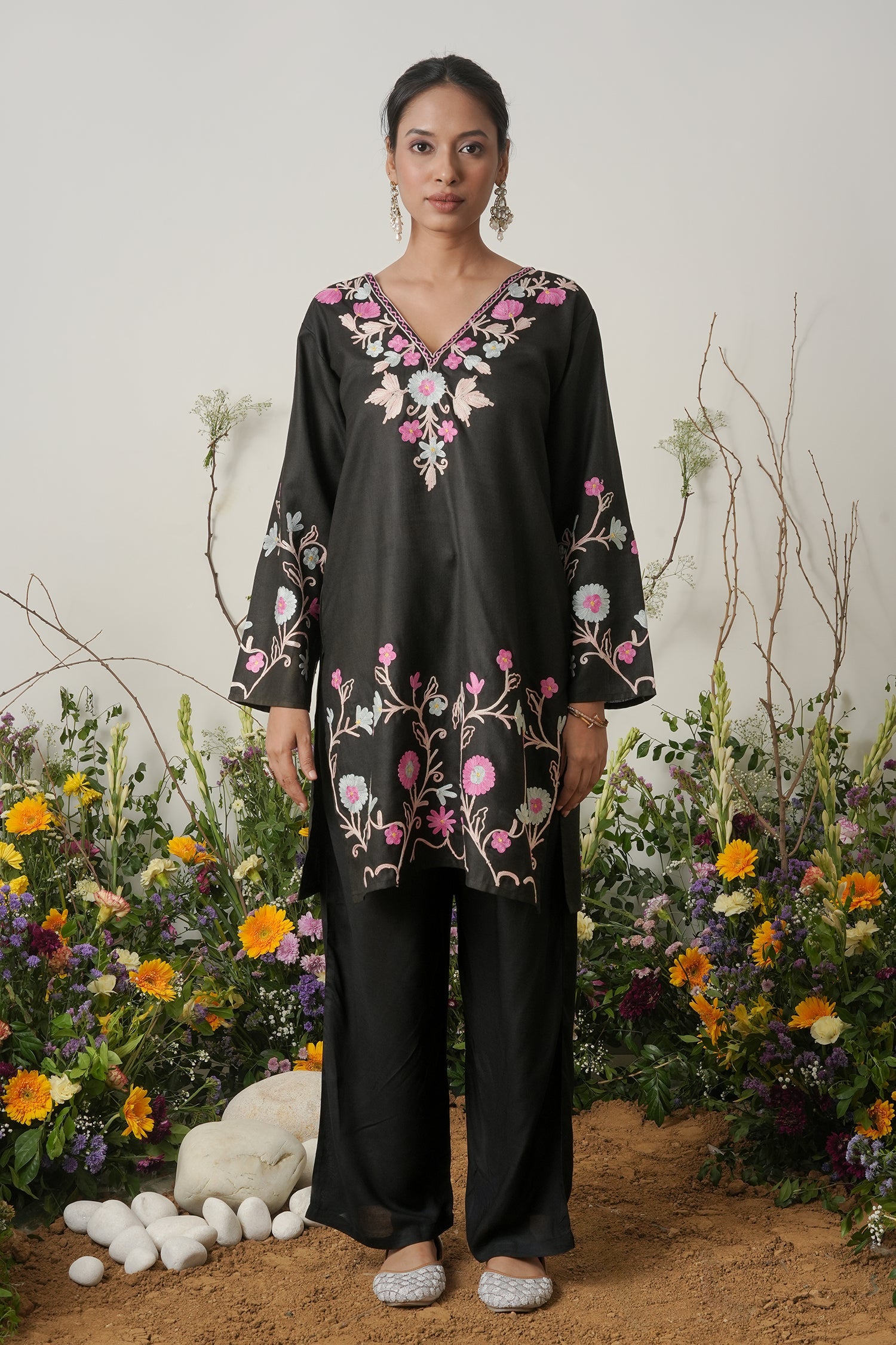 Kashmiri Aari Work Kurta – Black with Multicolor Embroidery