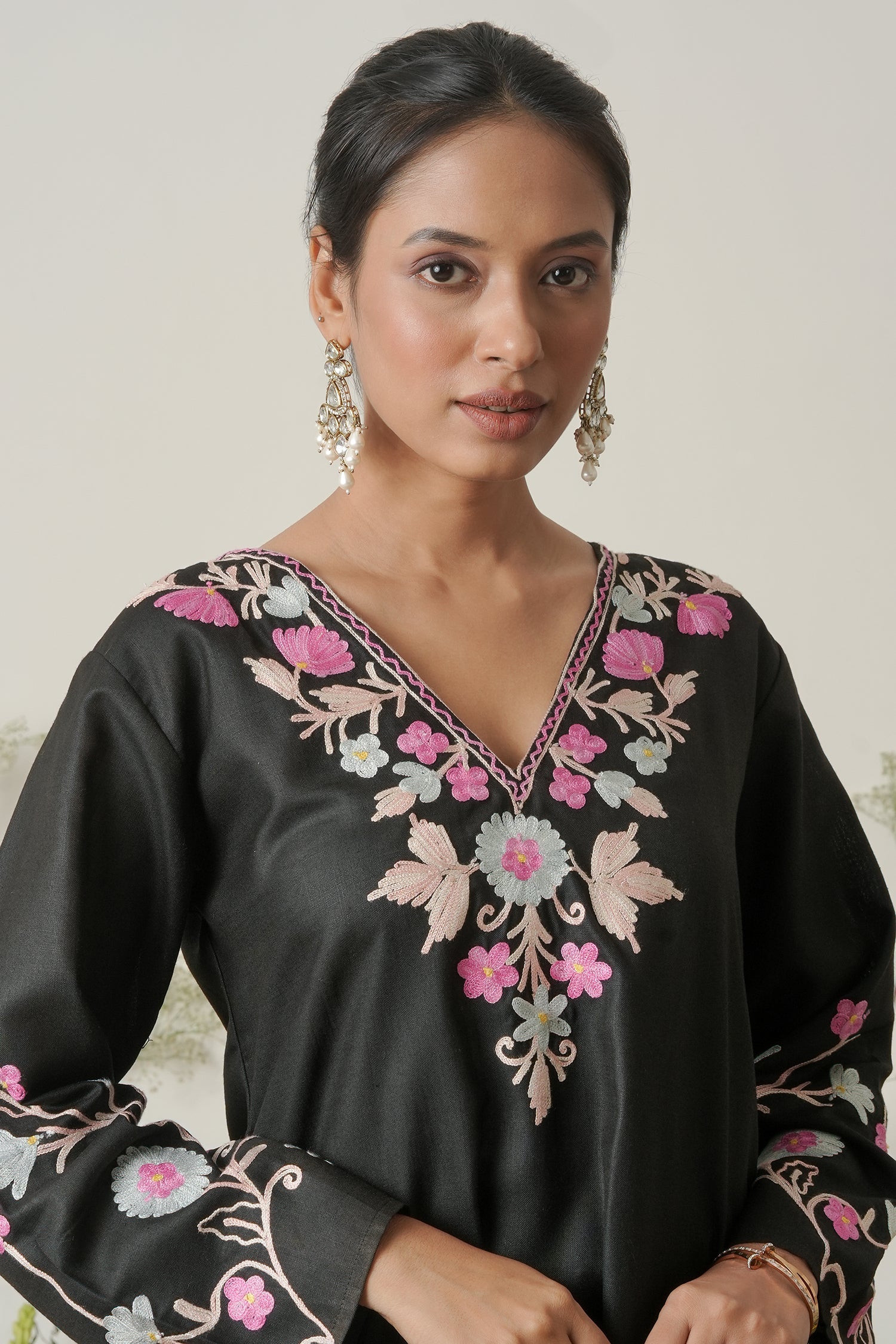 Kashmiri Aari Work Kurta – Black with Multicolor Embroidery