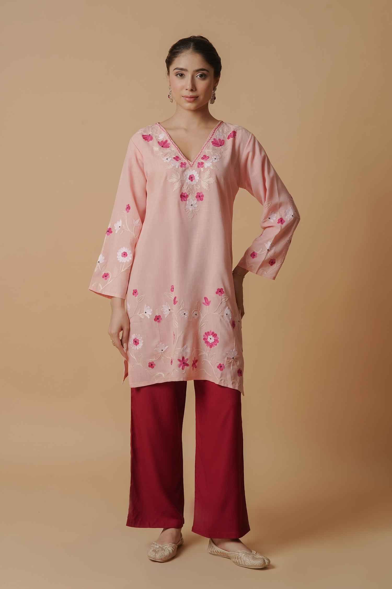 Kritika in Kashmiri Aari Work Cotton Short Kurta – Pink