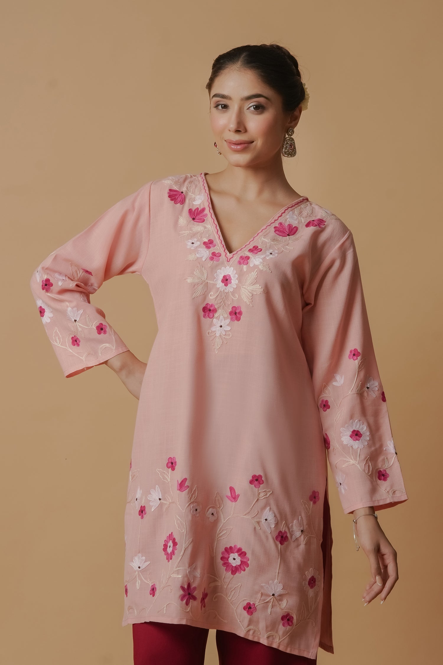 Kritika in Kashmiri Aari Work Cotton Short Kurta – Pink