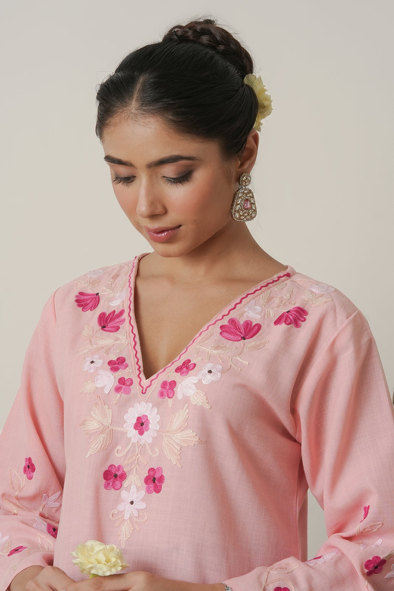 Kashmiri Aari Work Cotton Short Kurta – Pink