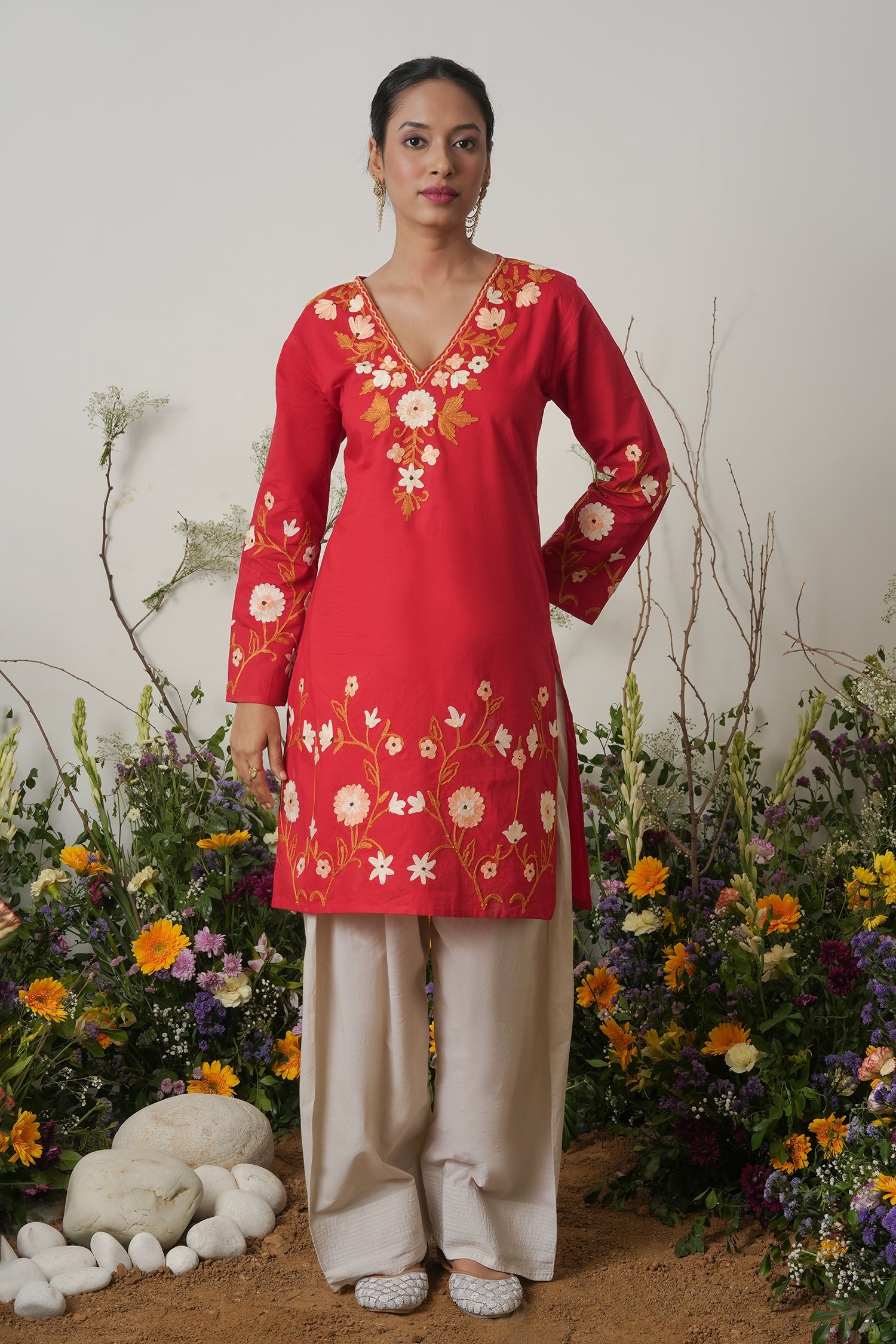 Kashmiri Aari Work Cotton Short Kurta – Red