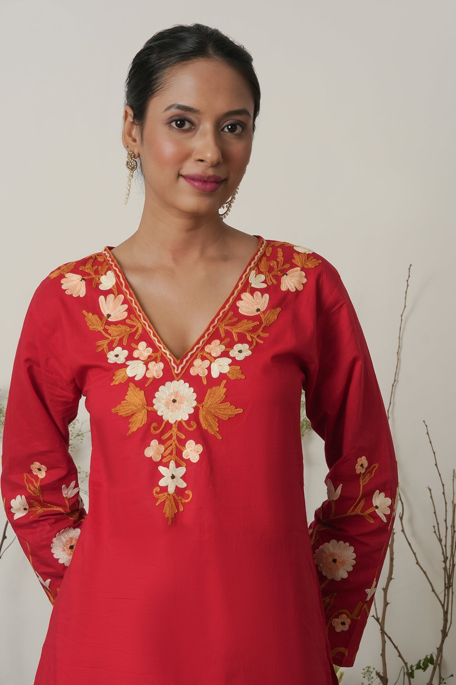 Kashmiri Aari Work Cotton Short Kurta – Red